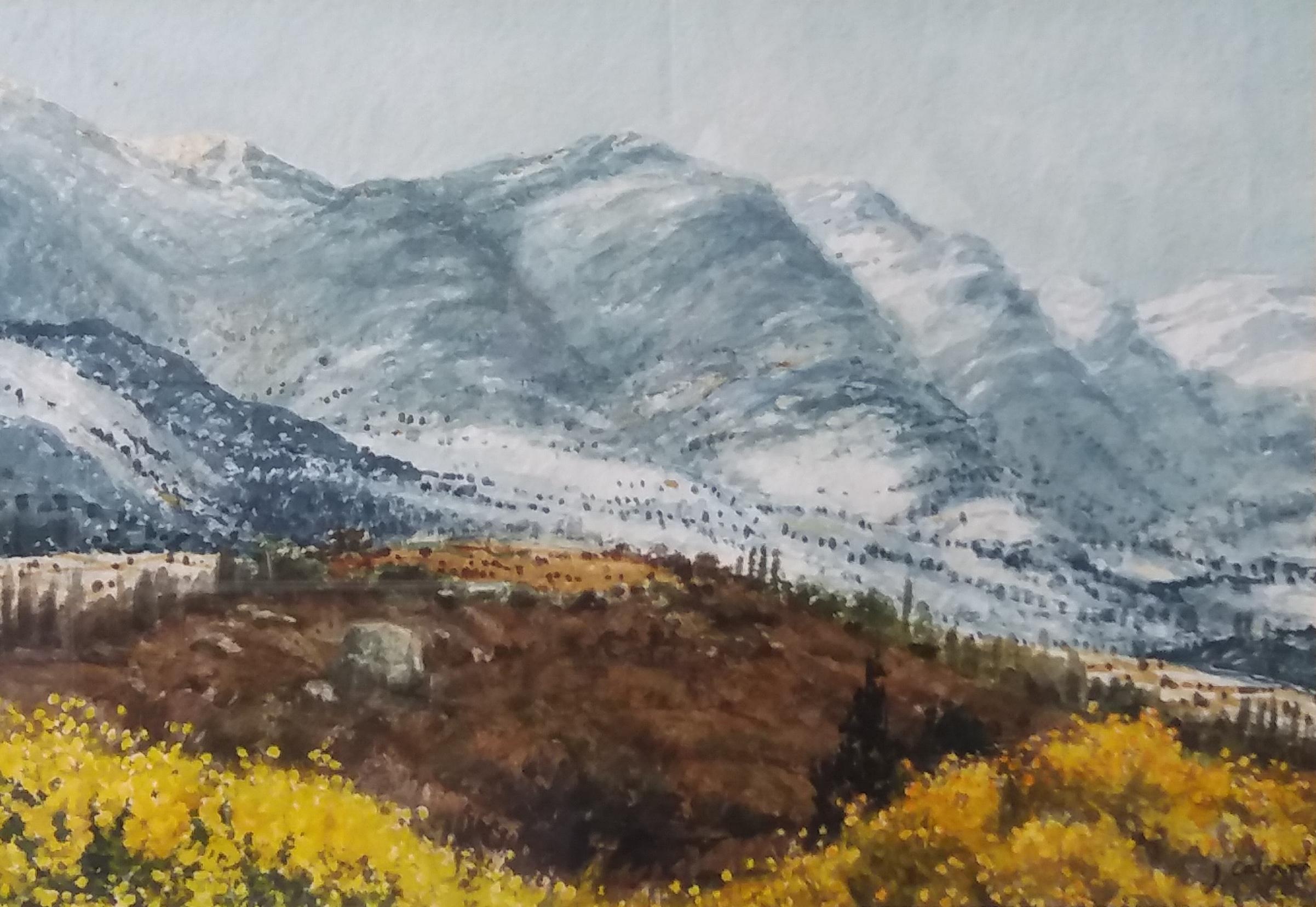 Kabine. 5 Berge. Schneegelb original Aquarell  (Zeitgenössisch), Painting, von Joaquin Cabane
