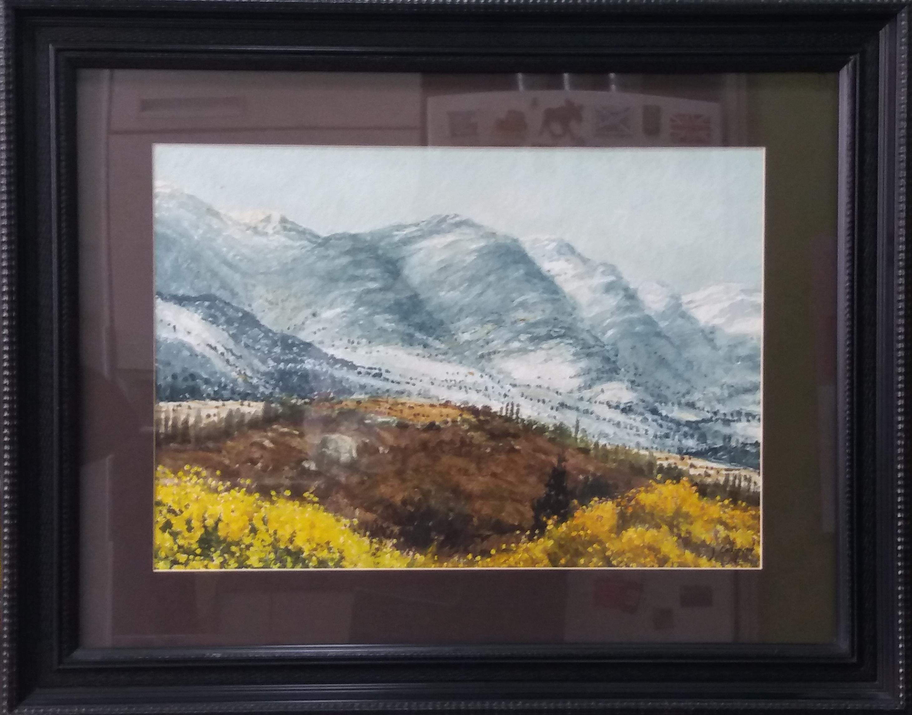Cabane. 5 Mountains. Snow Yellow original watercolor  For Sale 1
