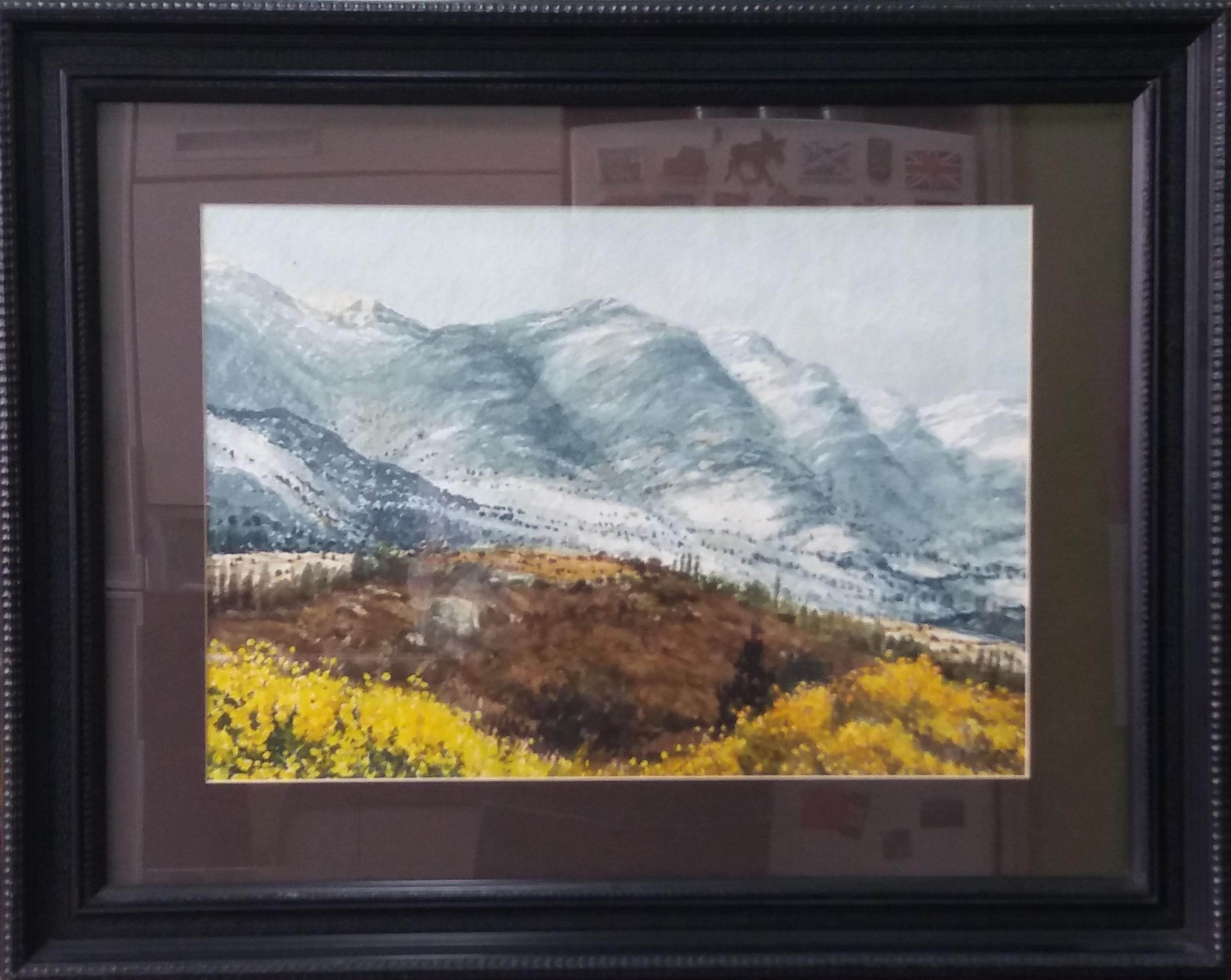 Joaquin Cabane Landscape Painting - Cabane.  Mountains. Snow Yellow original watercolor 
