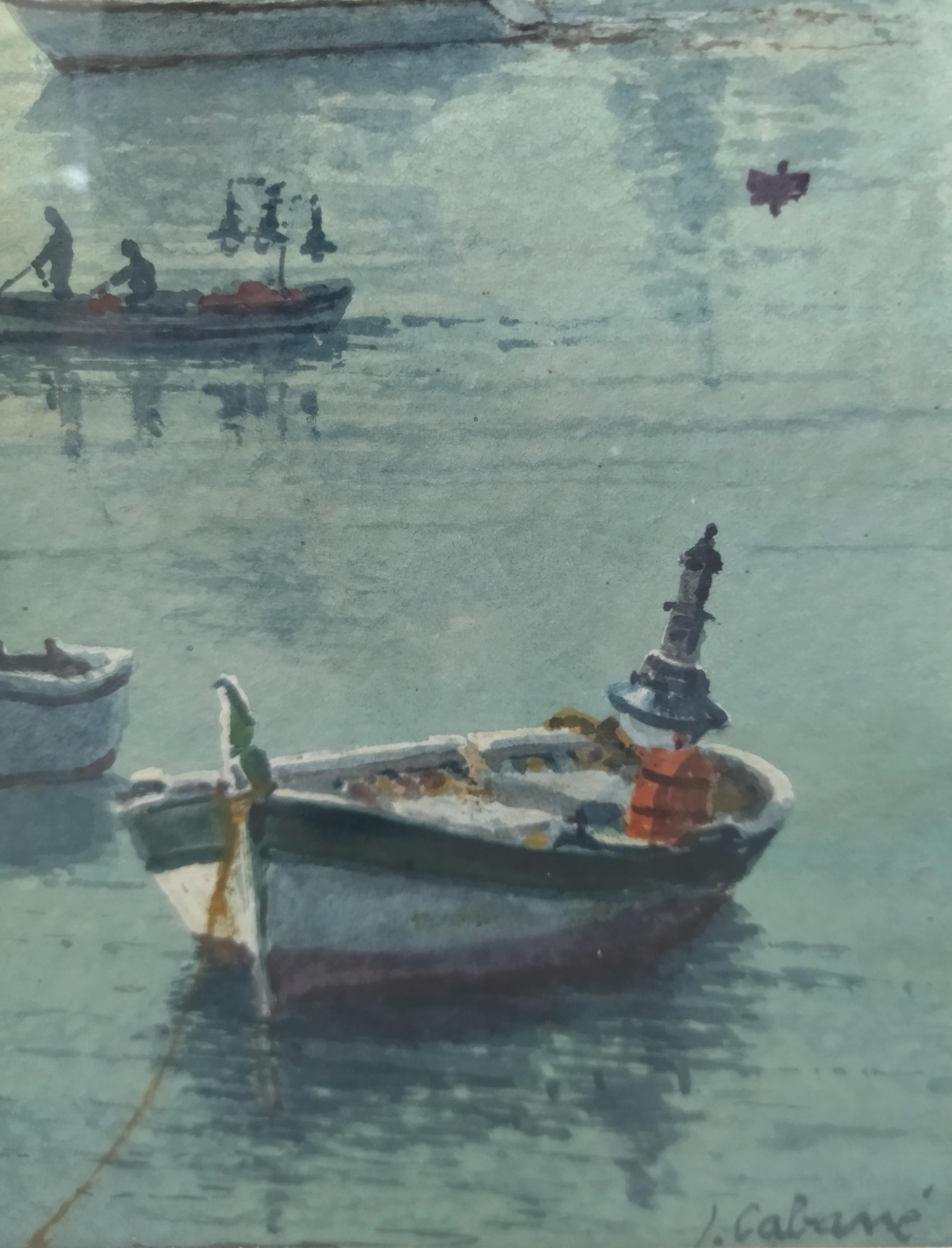 Cabane 8 Puerto Landschaft . figurativ. See.Berge. blau (Grau), Landscape Painting, von Joaquin Cabane