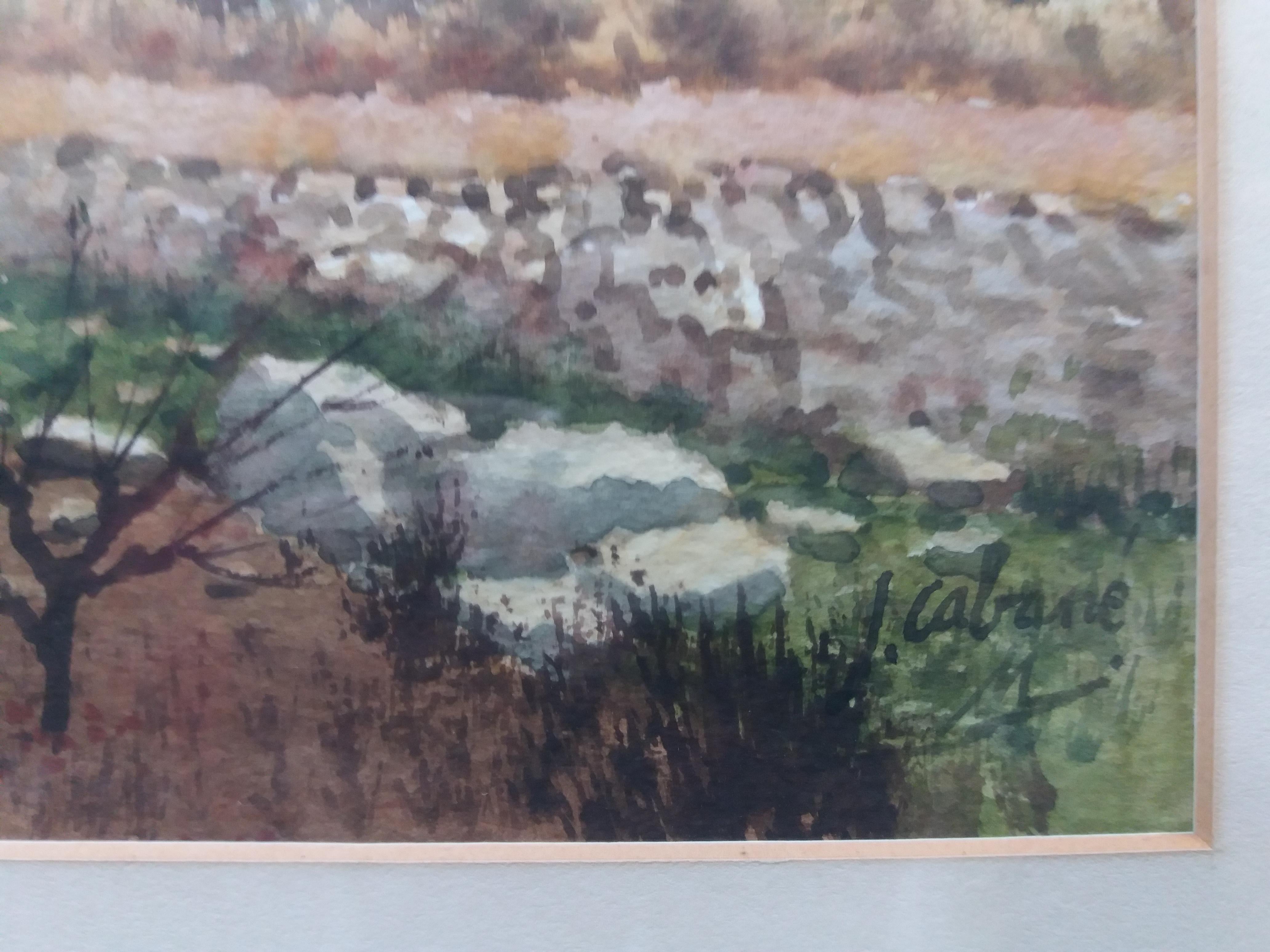 Cabane   Flowering Trees original watercolor painting - Gray Landscape Painting by Joaquin Cabane