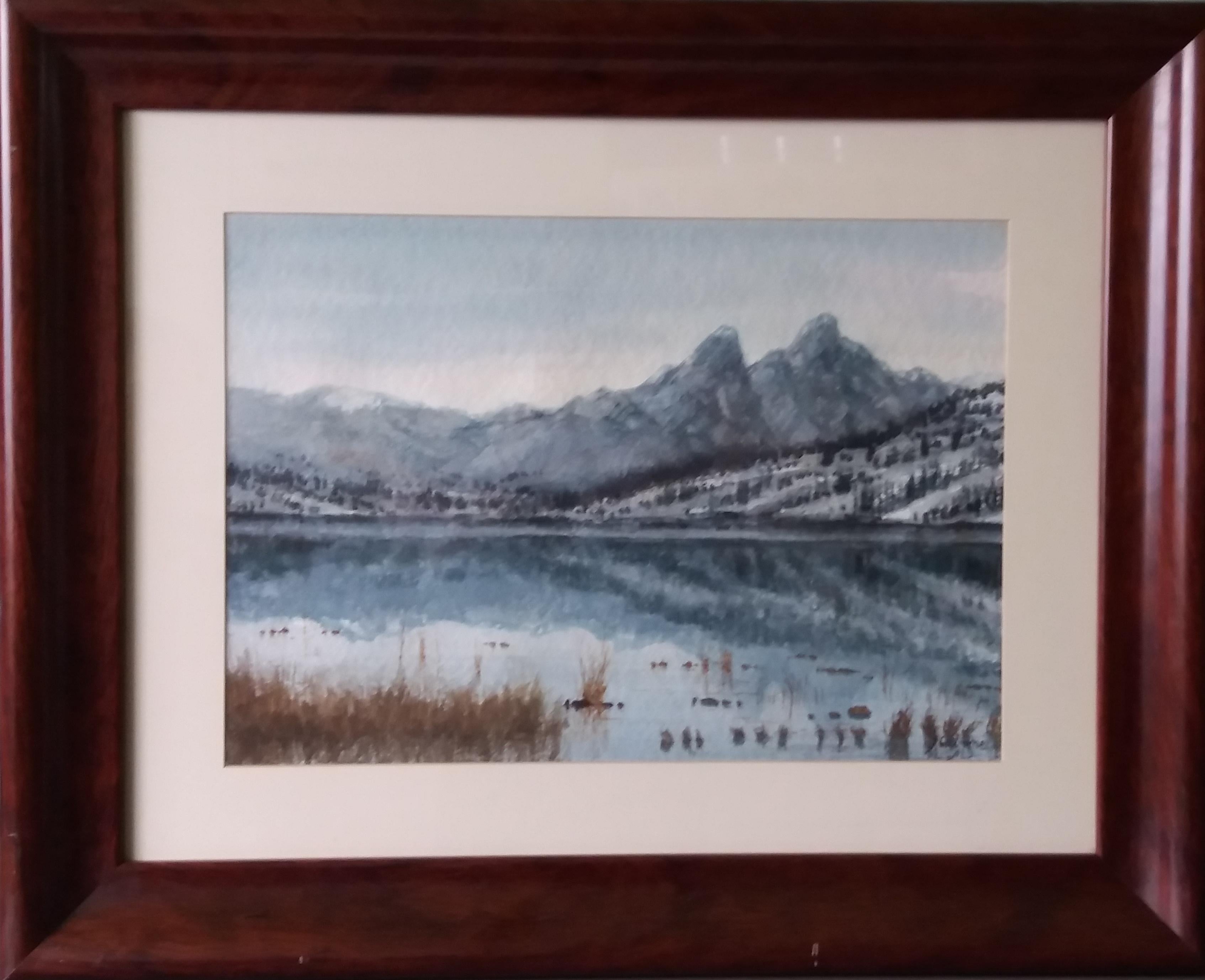 Cabane   Lake in the Pyrenees Landscape . figurative. lake.mountains. blue - Painting by Joaquin Cabane