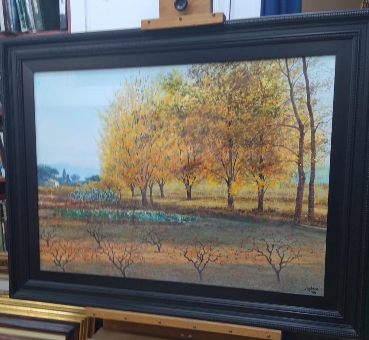 Cabane    Paysage figuratif, lac, montagnes, bleu - Painting de Joaquin Cabane