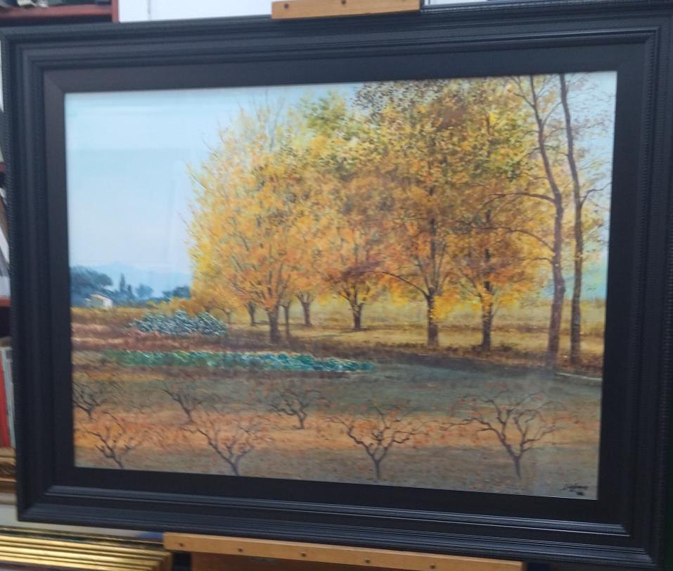 Cabane    Paysage figuratif, lac, montagnes, bleu - Réalisme Painting par Joaquin Cabane