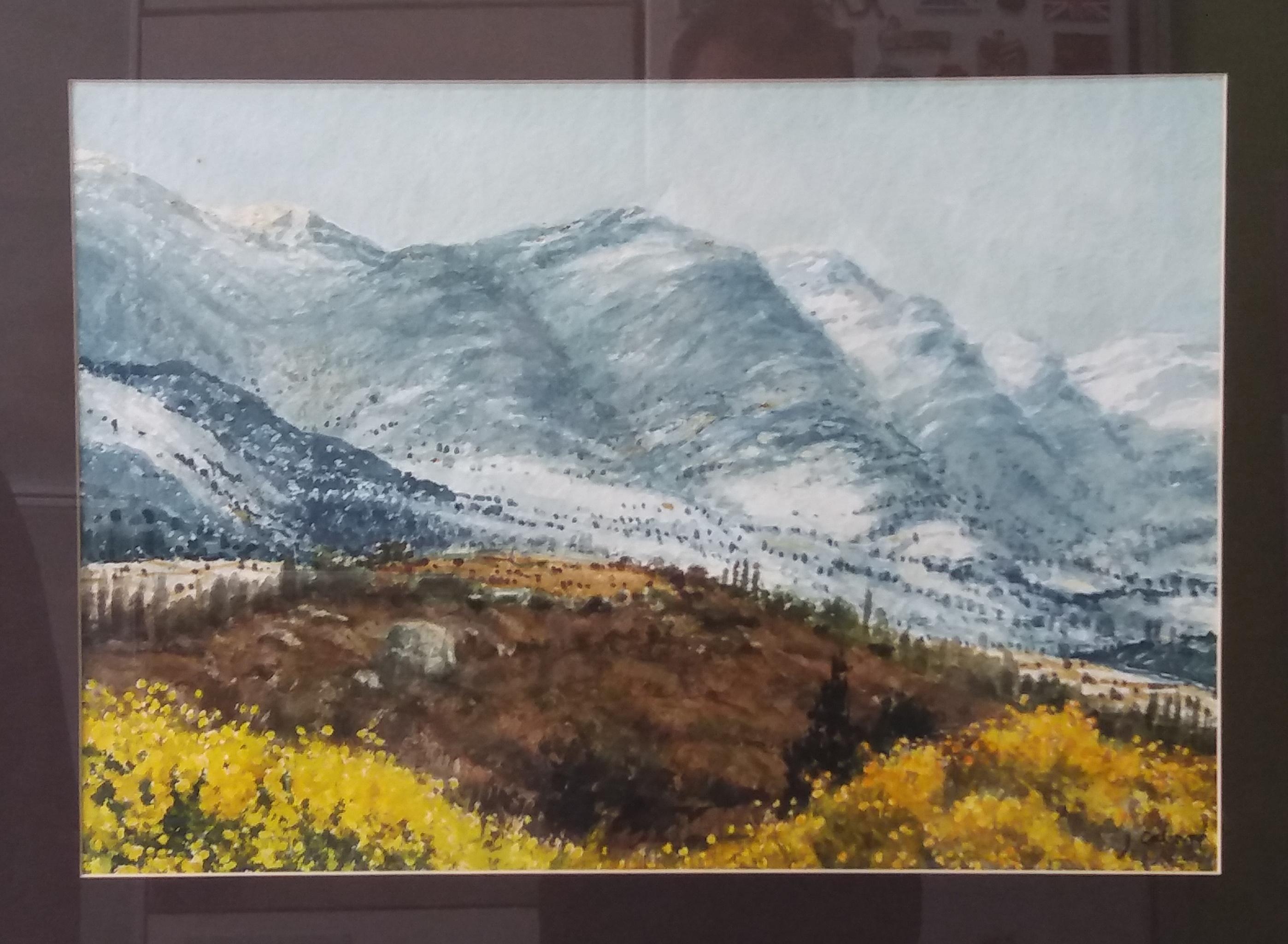 Kabine.  Berge. Schneegelb original Aquarell – Painting von Joaquin Cabane