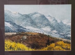 Cabane.  Mountains. Snow Yellow original watercolor