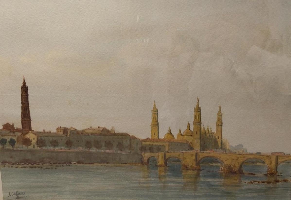 Original-Aquarellgemälde von Cabane Zaragoza (Braun), Landscape Painting, von Joaquin Cabane