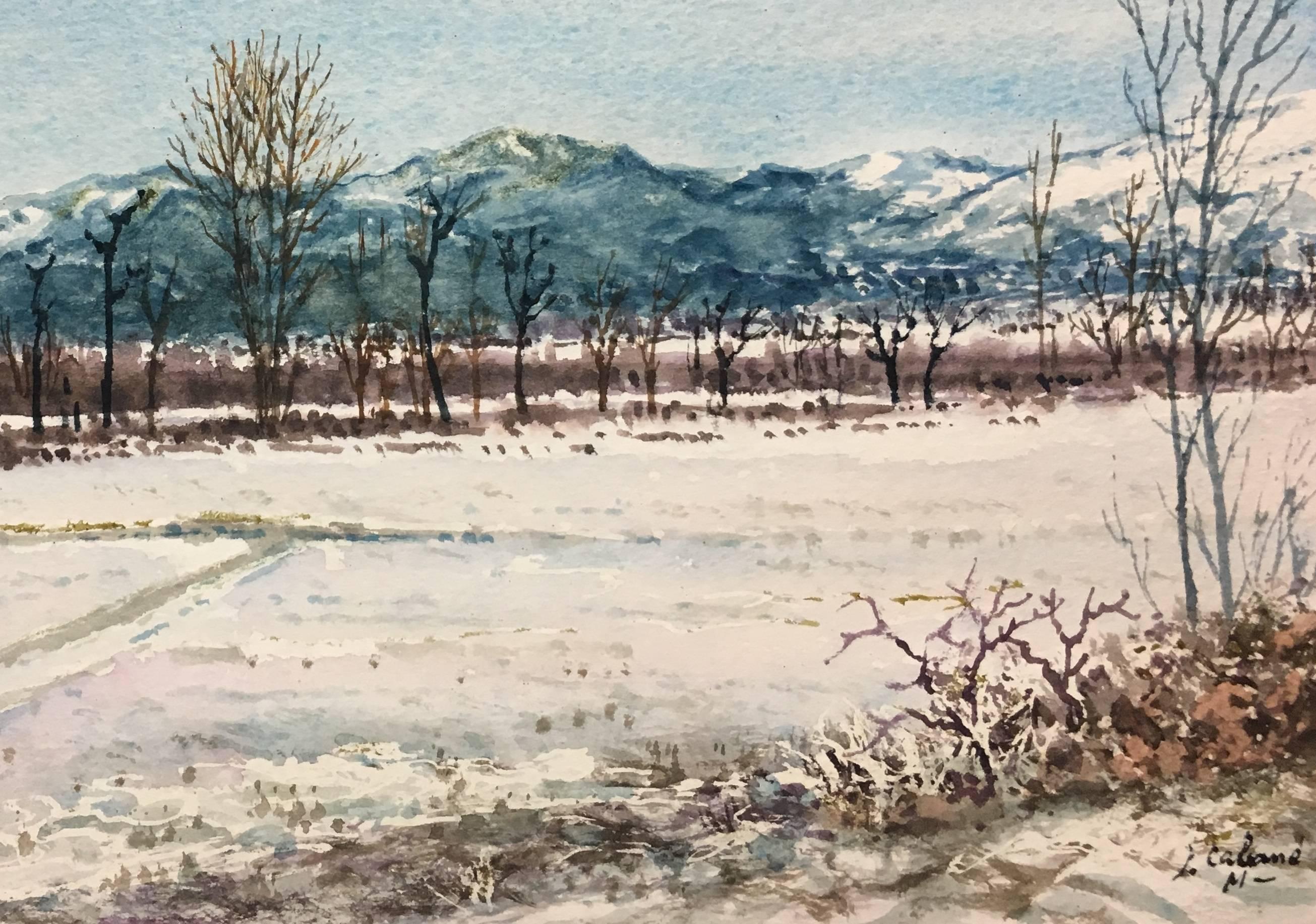 J. Cabane 13  SnowyLandscape.  original watercolor painting - Contemporary Painting by Joaquin Cabane