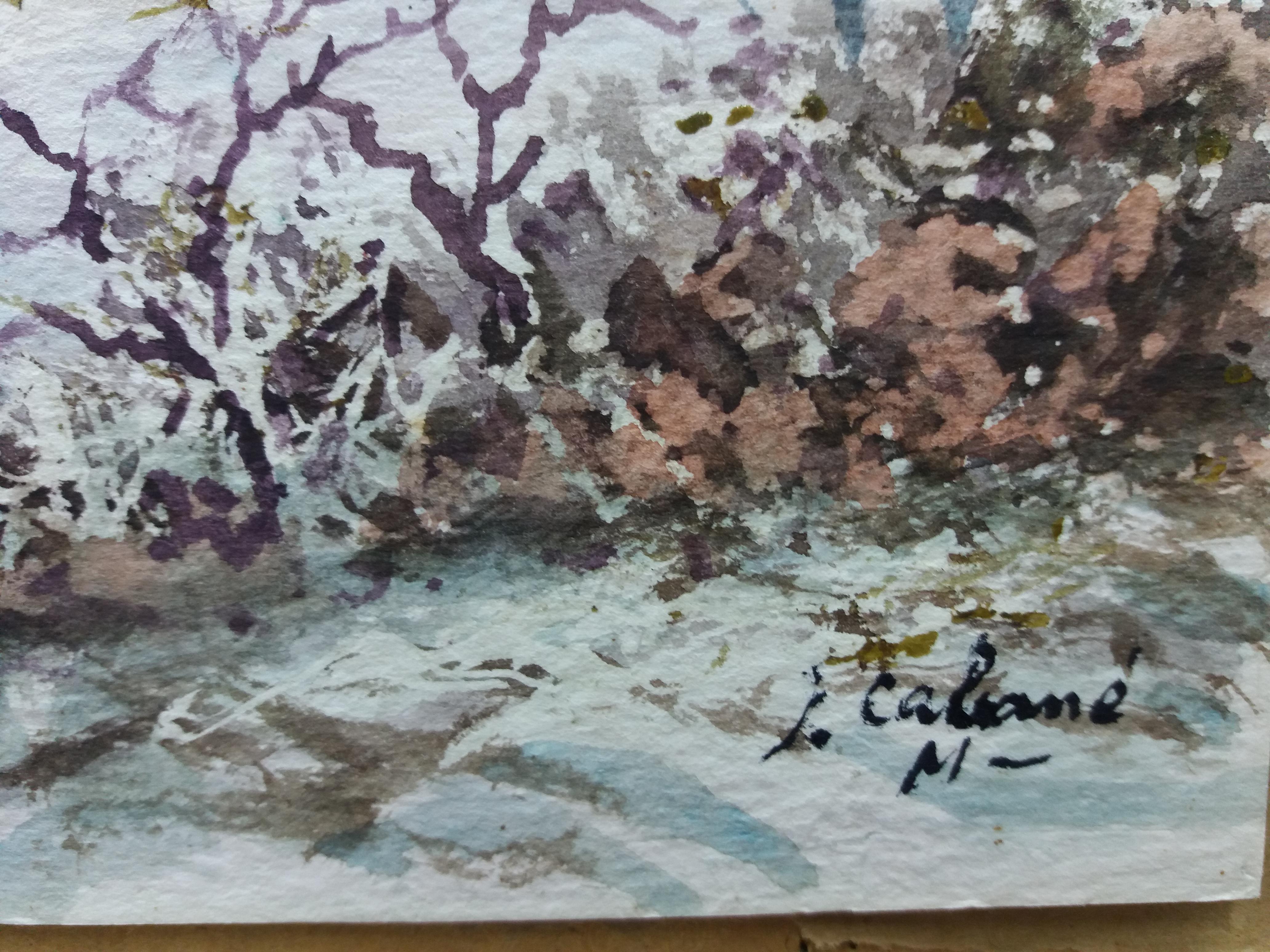 J. Cabane 13  SnowyLandscape.  original watercolor painting For Sale 3