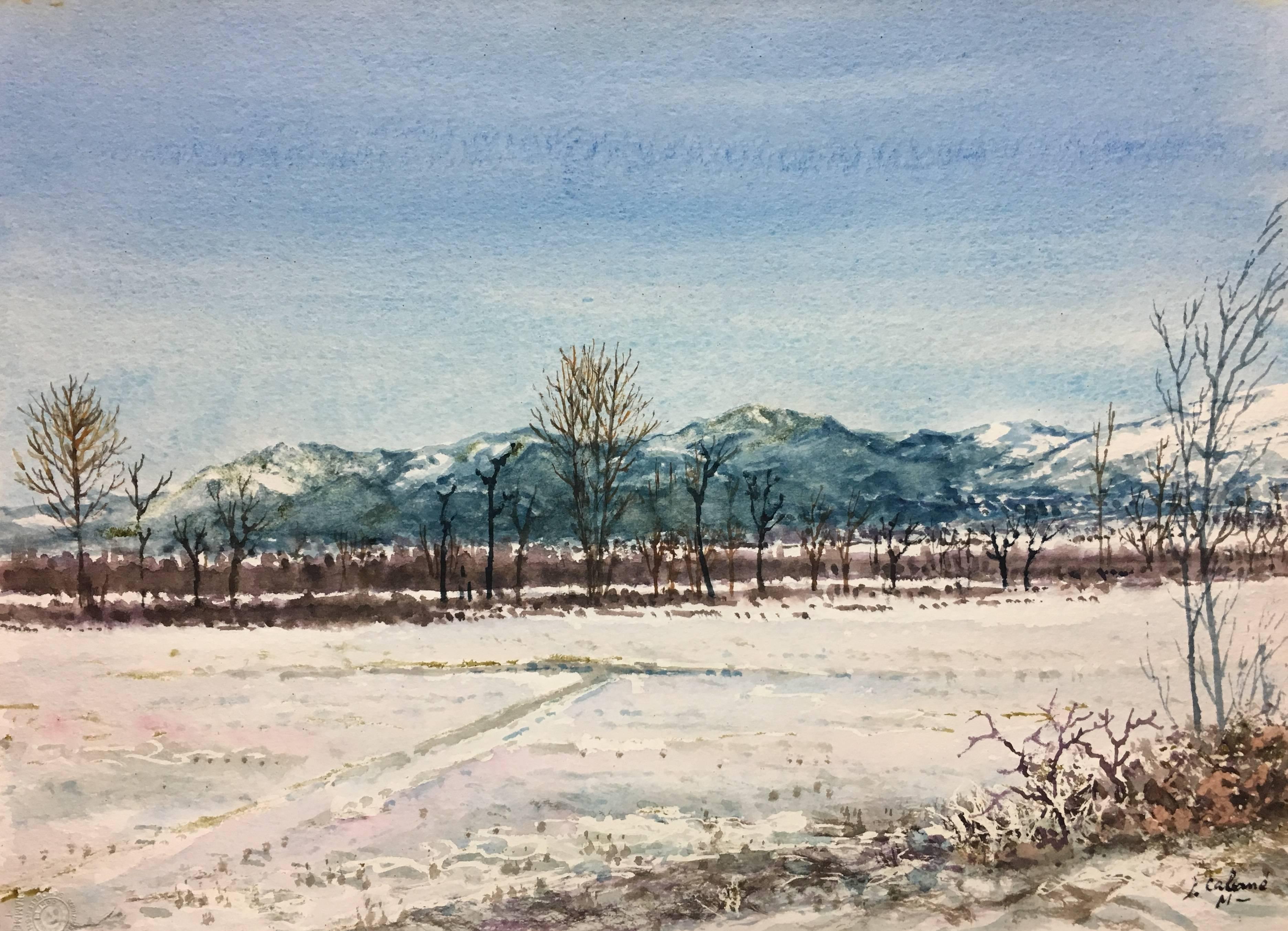 J. Kabine  Schneelandschaft.  Original-Aquarellmalerei – Painting von Joaquin Cabane