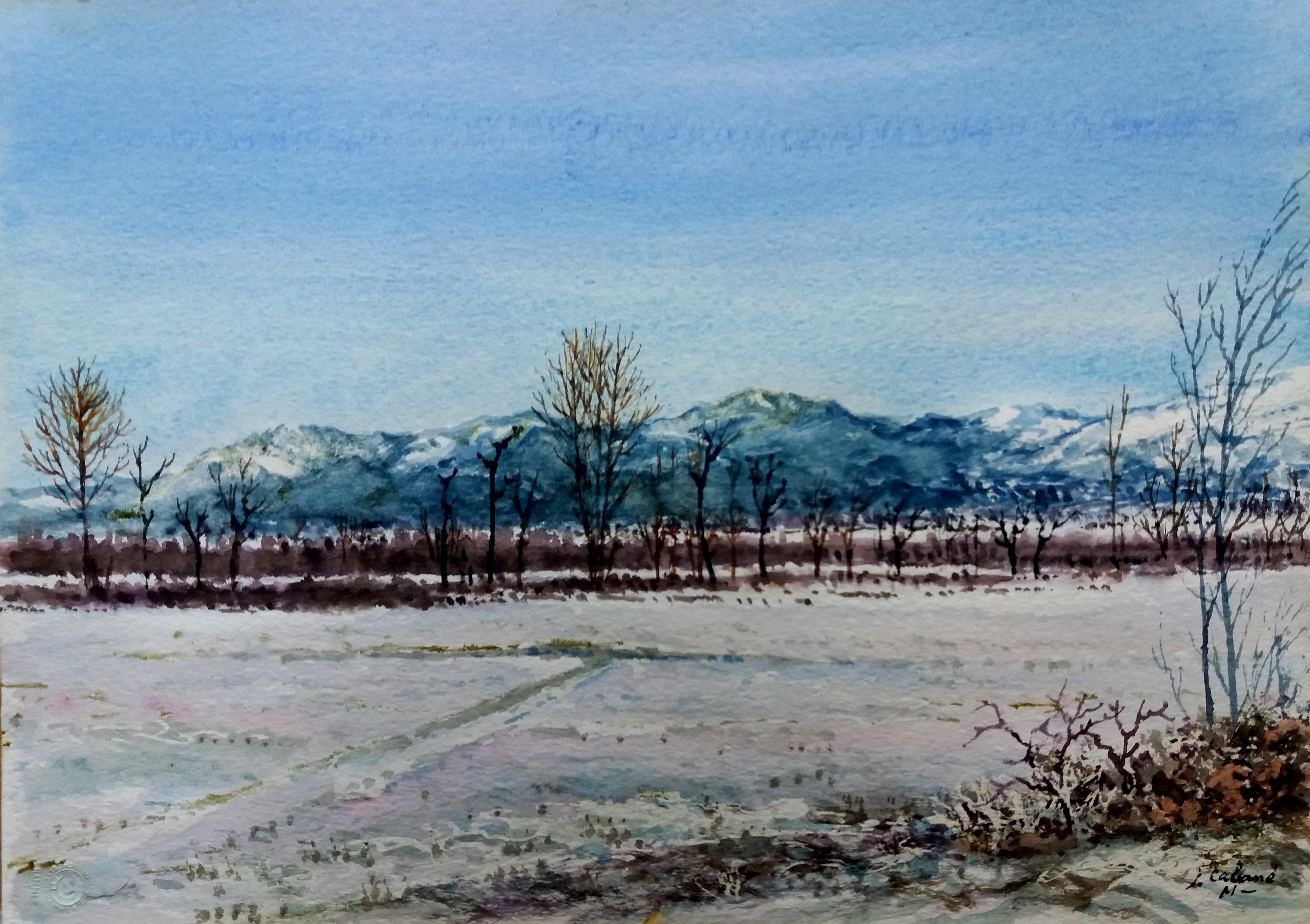 J. Kabine  Schneelandschaft.  Original-Aquarellmalerei im Angebot 1