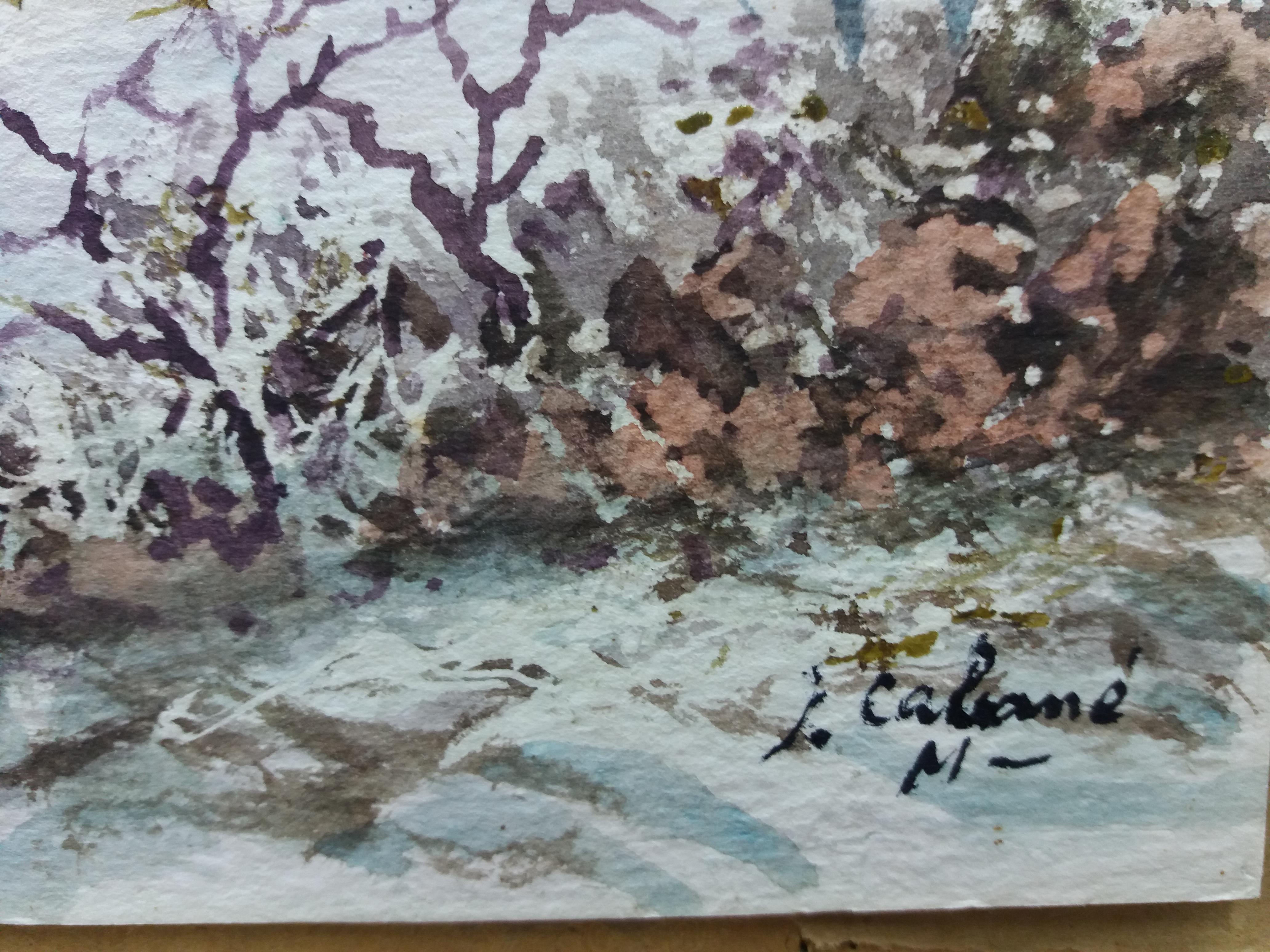 J. Kabine  Schneelandschaft.  Original-Aquarellmalerei im Angebot 2