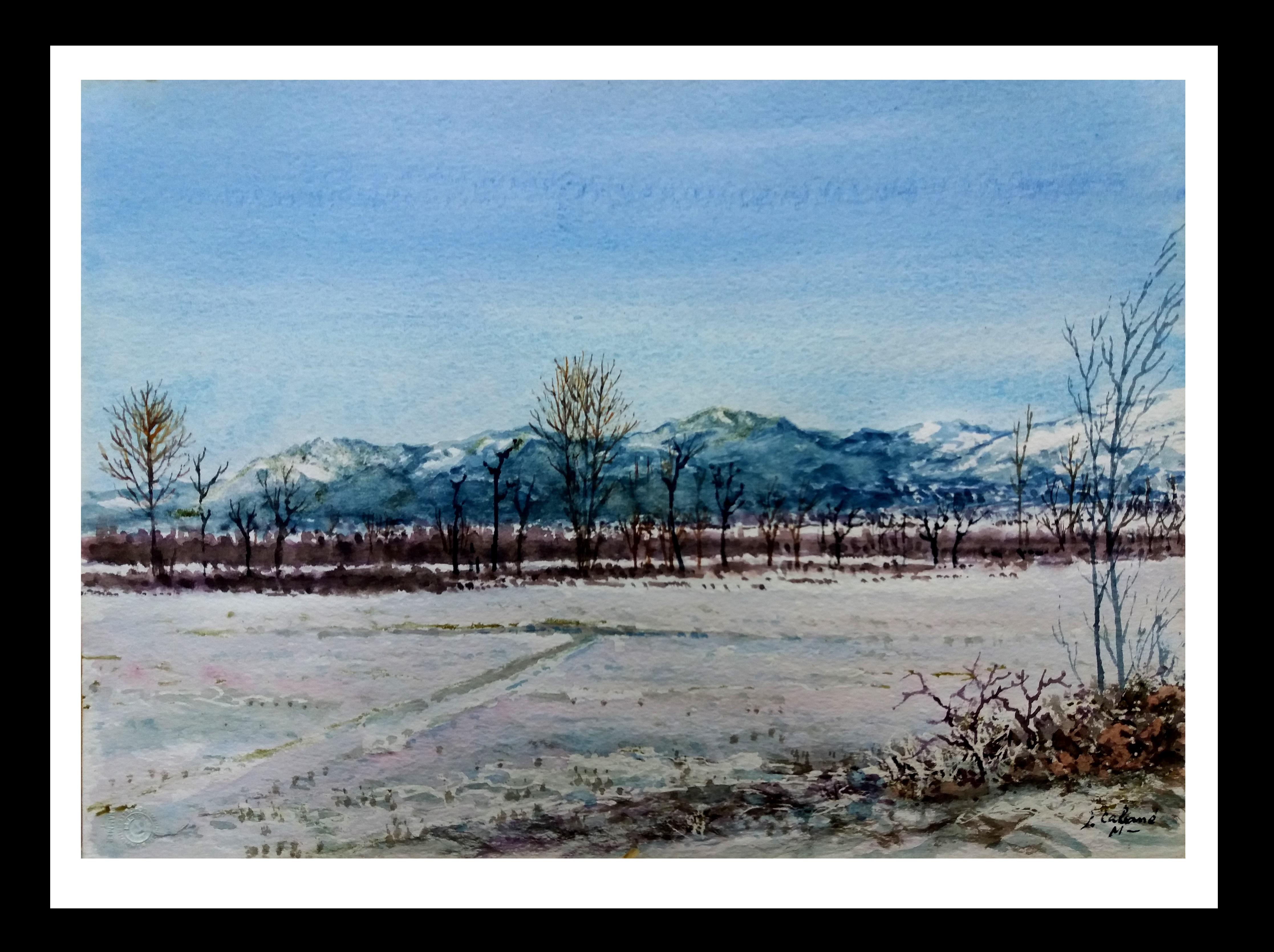 J. Cabane  Snow Landscape.  original watercolor painting