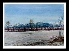 J. Cabane Snow Landscape. original watercolor painting