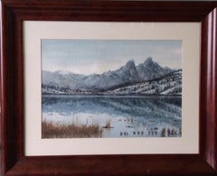 Vintage  lake in the Pyrenees Landscape original watercolor painting