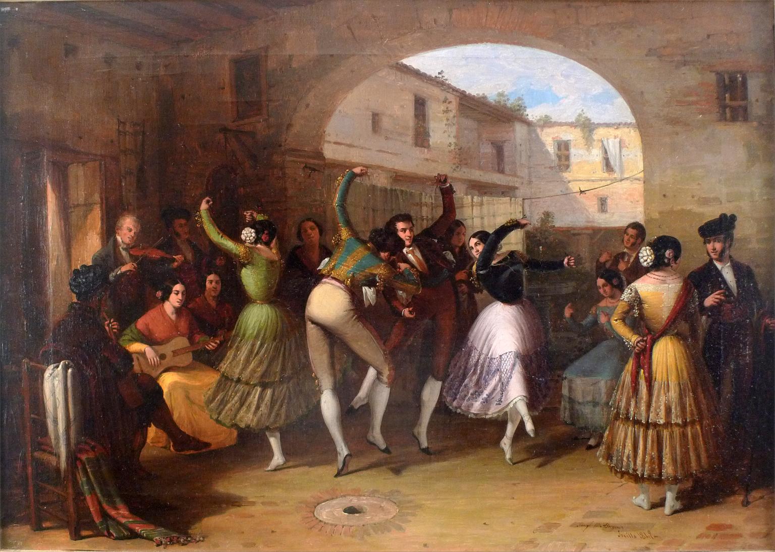 « Dancers in a Courtyard » (danseurs dans une cour),  Huile sur toile du XIXe siècle par Joaq. Domnguez Bcquer - Painting de Joaquín Domínguez Bécquer