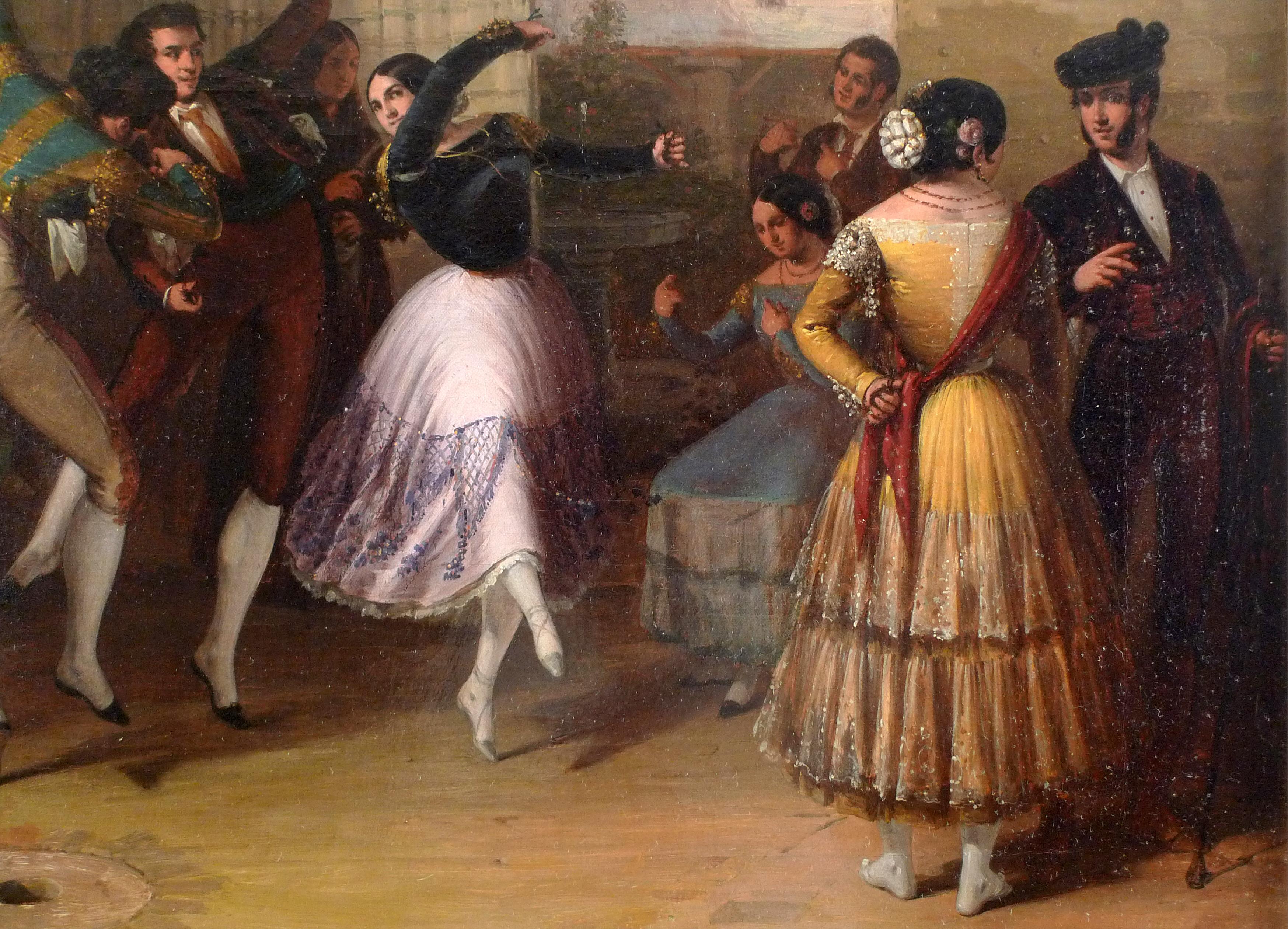 « Dancers in a Courtyard » (danseurs dans une cour),  Huile sur toile du XIXe siècle par Joaq. Domnguez Bcquer - Romantique Painting par Joaquín Domínguez Bécquer