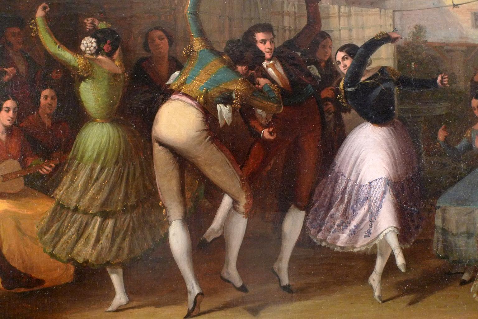 « Dancers in a Courtyard » (danseurs dans une cour),  Huile sur toile du XIXe siècle par Joaq. Domnguez Bcquer - Marron Landscape Painting par Joaquín Domínguez Bécquer