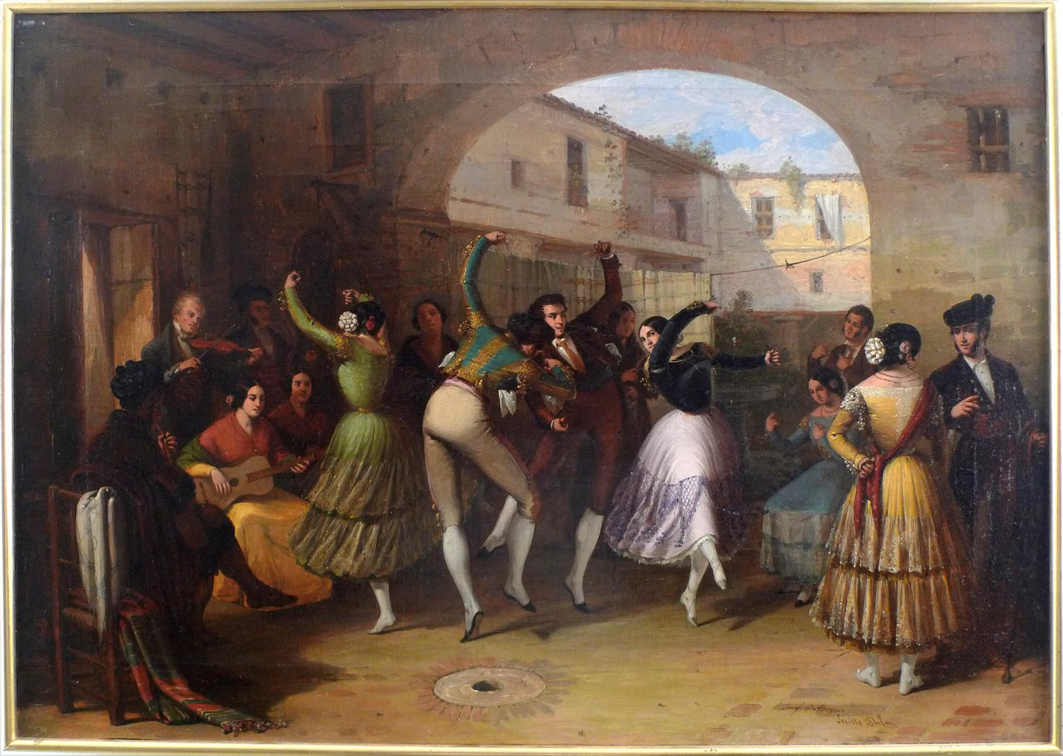 "Dancers in a Courtyard",  19th Century Oil on Canvas by Joaq. Domínguez Bécquer