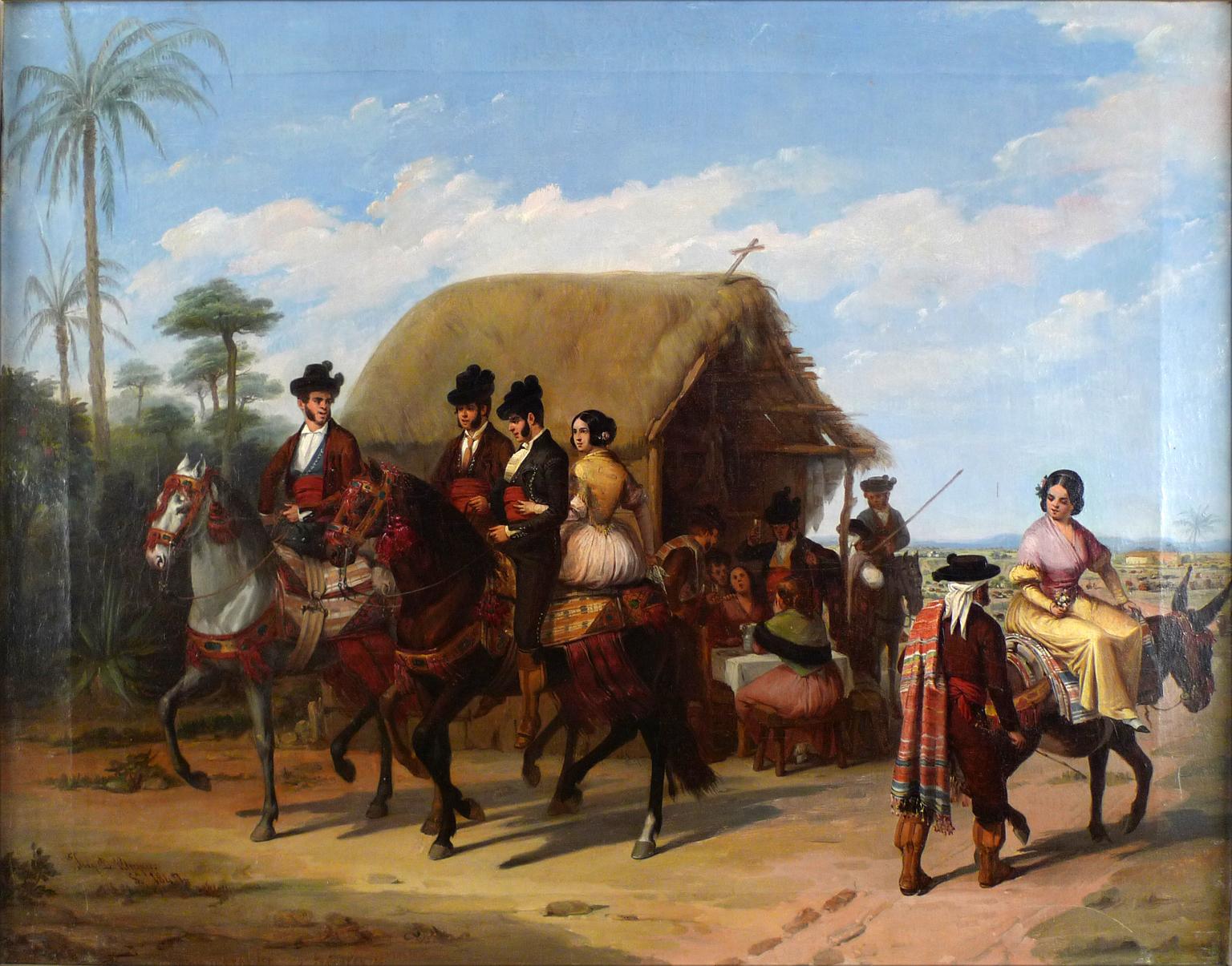 « Riders Passing by a Tavern » (Les rameurs passant par une taverne),  Huile sur toile du XIXe siècle par Joaq. D. Bcquer - Painting de Joaquín Domínguez Bécquer
