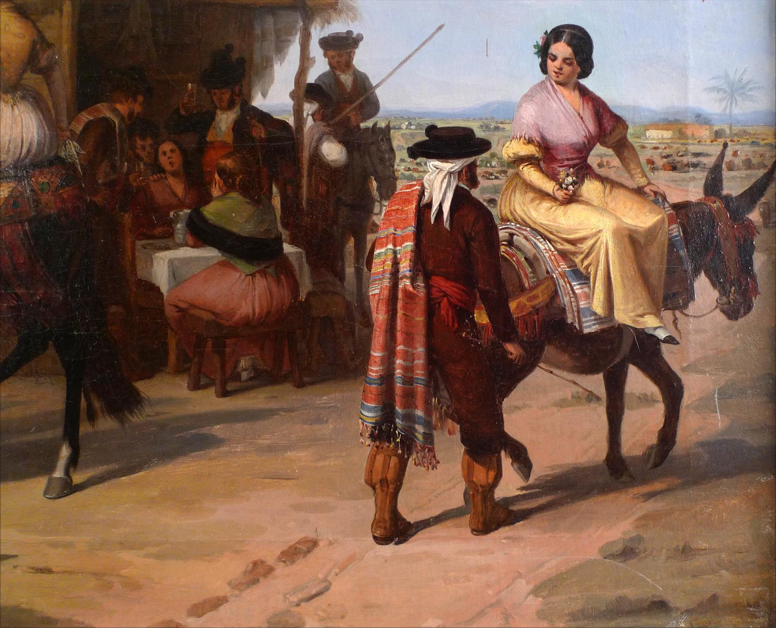 « Riders Passing by a Tavern » (Les rameurs passant par une taverne),  Huile sur toile du XIXe siècle par Joaq. D. Bcquer - Romantique Painting par Joaquín Domínguez Bécquer