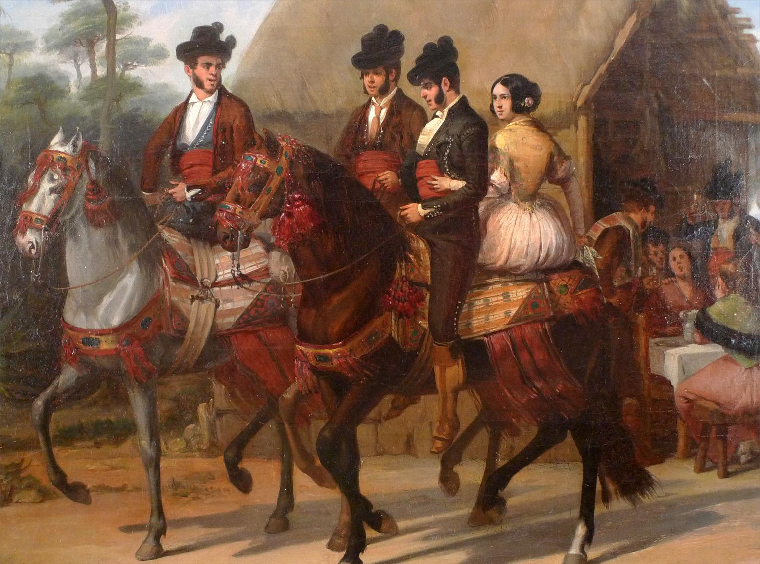 « Riders Passing by a Tavern » (Les rameurs passant par une taverne),  Huile sur toile du XIXe siècle par Joaq. D. Bcquer - Marron Figurative Painting par Joaquín Domínguez Bécquer