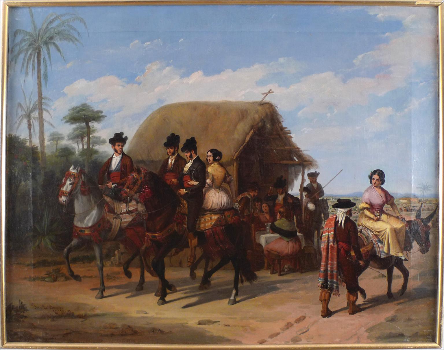 "Riders Passing by a Tavern",  19th Century Oil on Canvas by Joaq. D. Bécquer