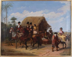 Antique "Riders Passing by a Tavern",  19th Century Oil on Canvas by Joaq. D. Bécquer