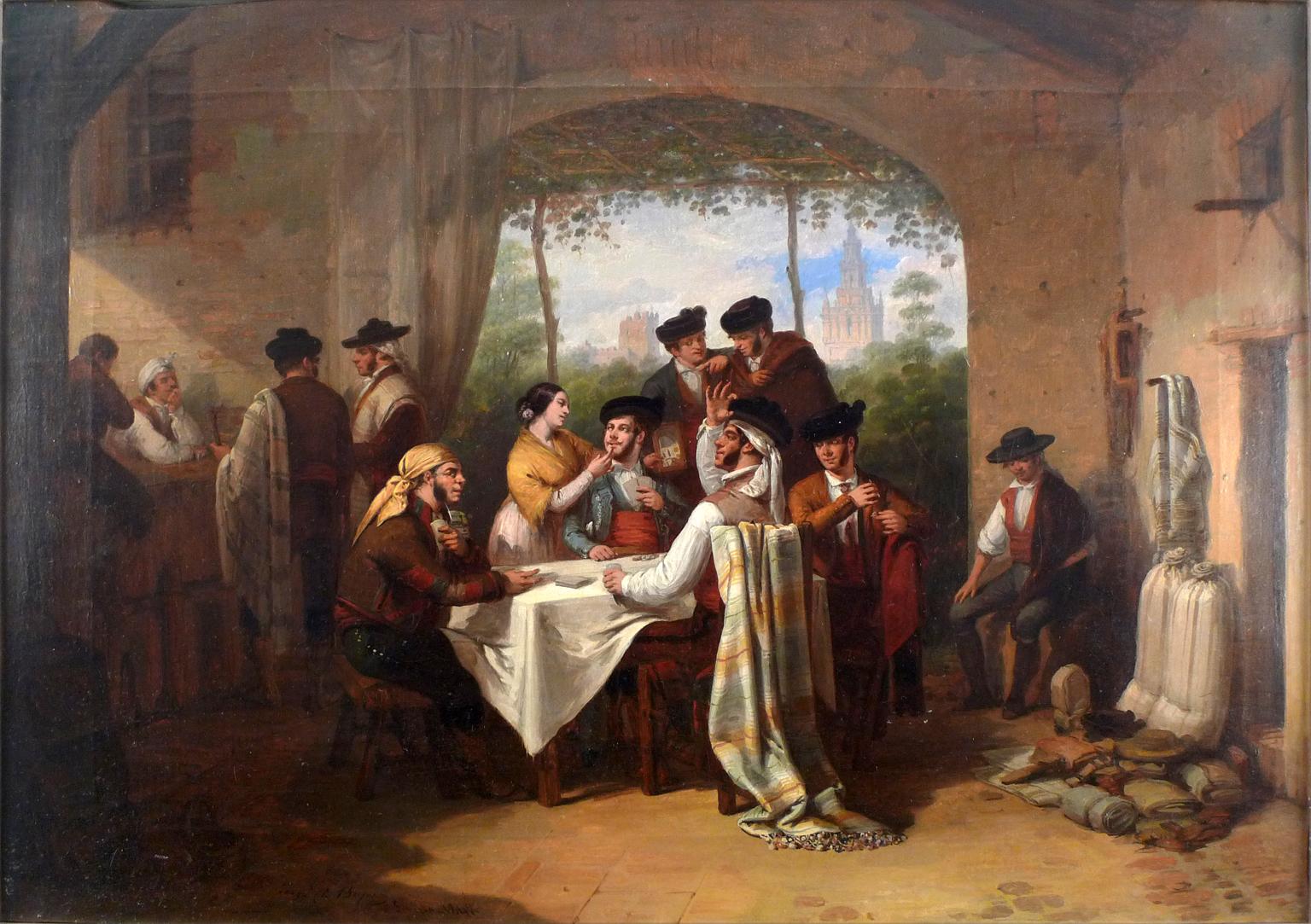« Le jeu de cartes ».  Huile sur toile du XIXe siècle par Joaqun Domnguez Bcquer - Painting de Joaquín Domínguez Bécquer