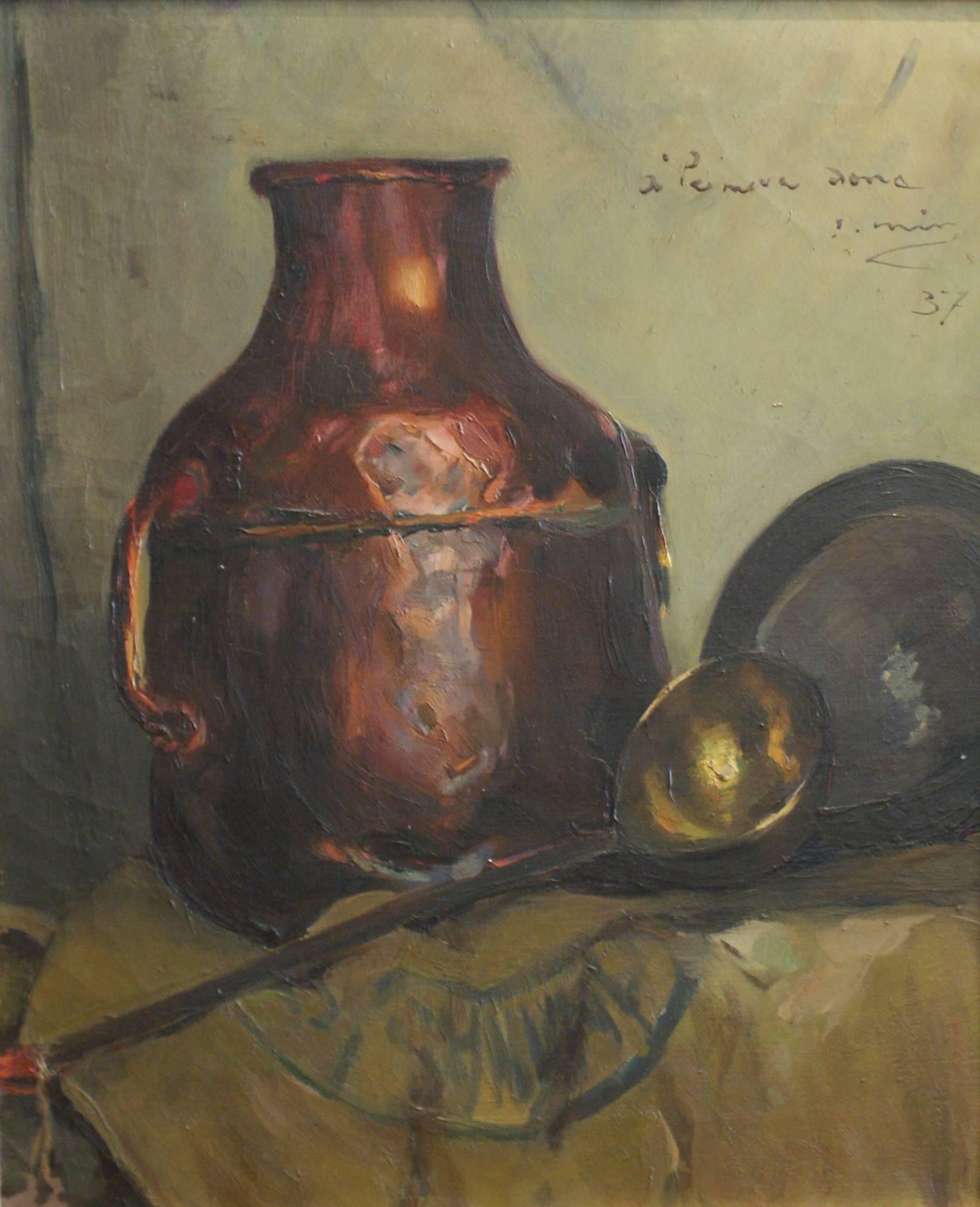 Joaquin Mir.  Old still life. vertical. original oil canvas painting 1937 - Painting by Joaquin Mir Trinxet