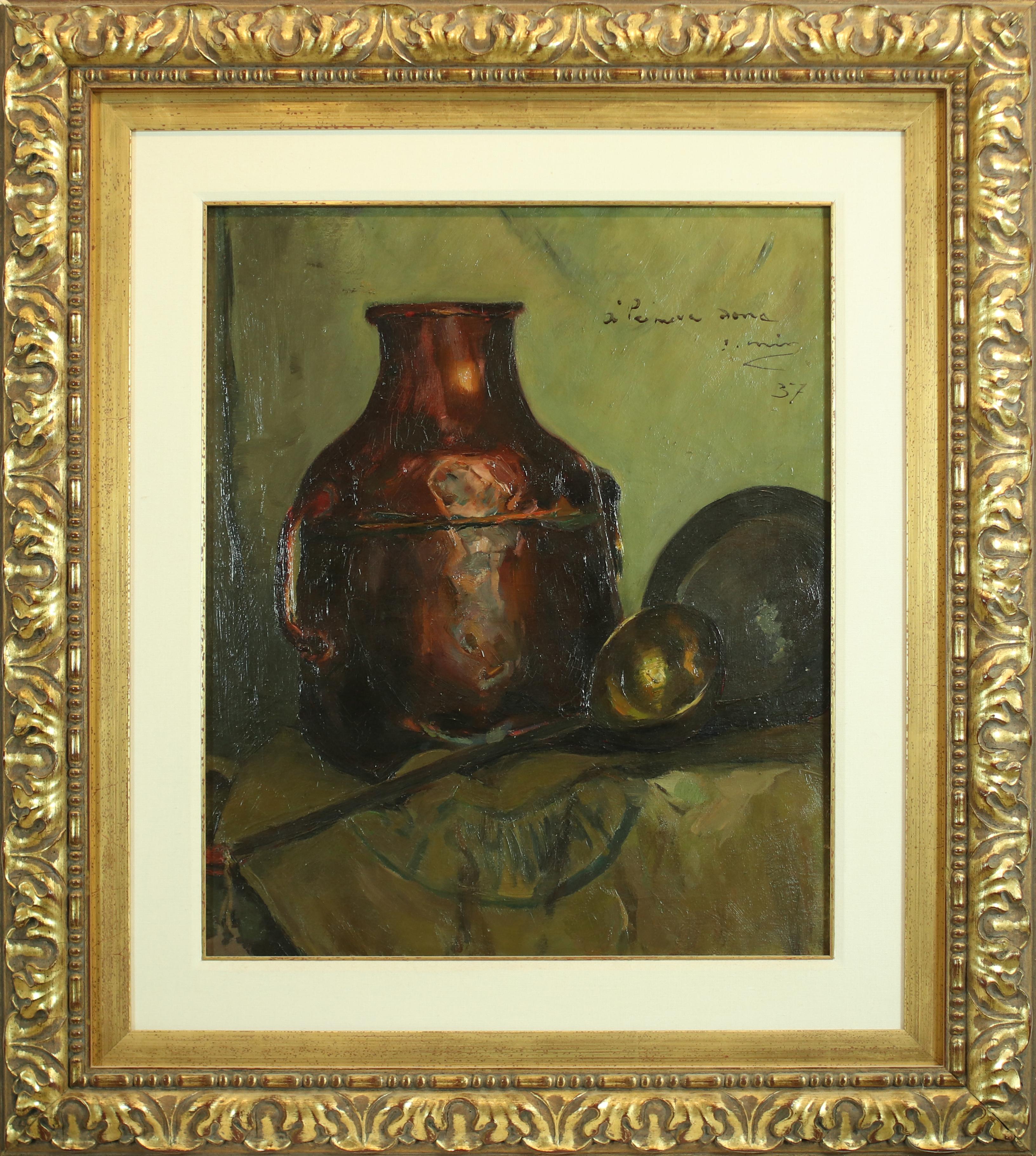  Joaquin Mir.  Old still life. vertical. original oil canvas painting 1937 - Impressionist Painting by Joaquin Mir Trinxet