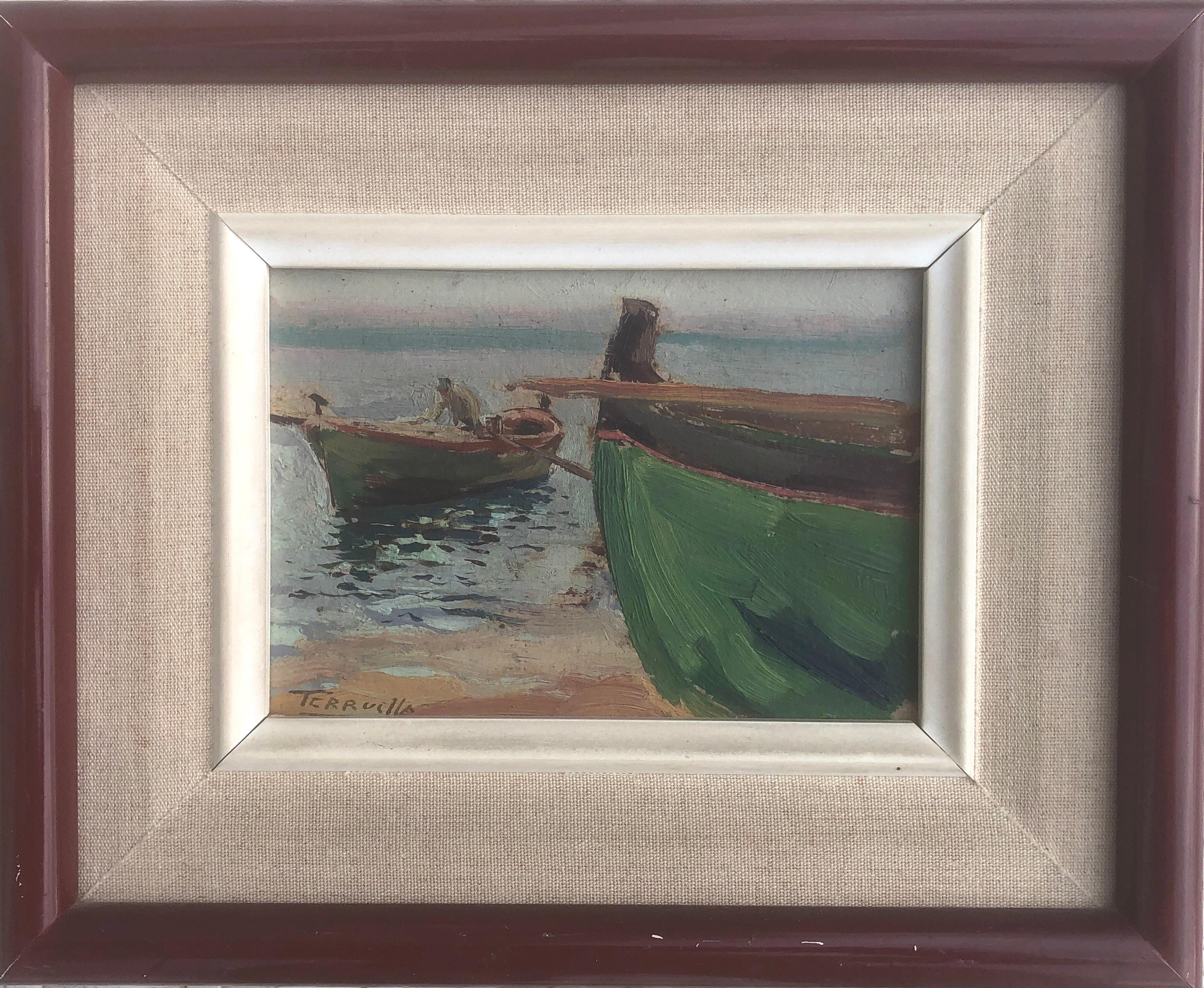 Boats on the beach oil on cardboard painting impressionism spanish seascape - Painting by Joaquin Terruella Matilla