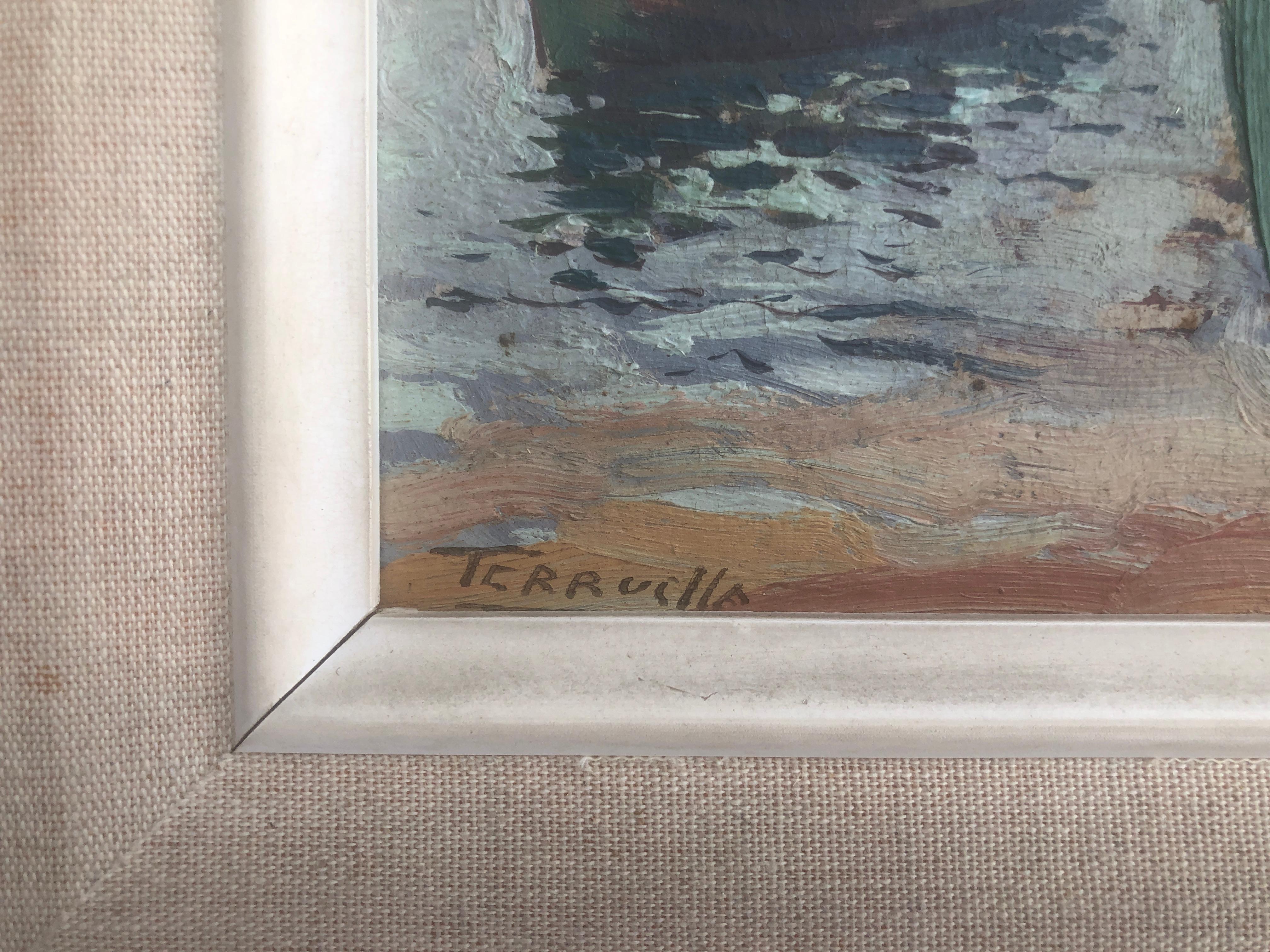 Bateaux sur la plage huile sur carton peinture impressionniste paysage marin espagnol - Impressionnisme Painting par Joaquin Terruella Matilla