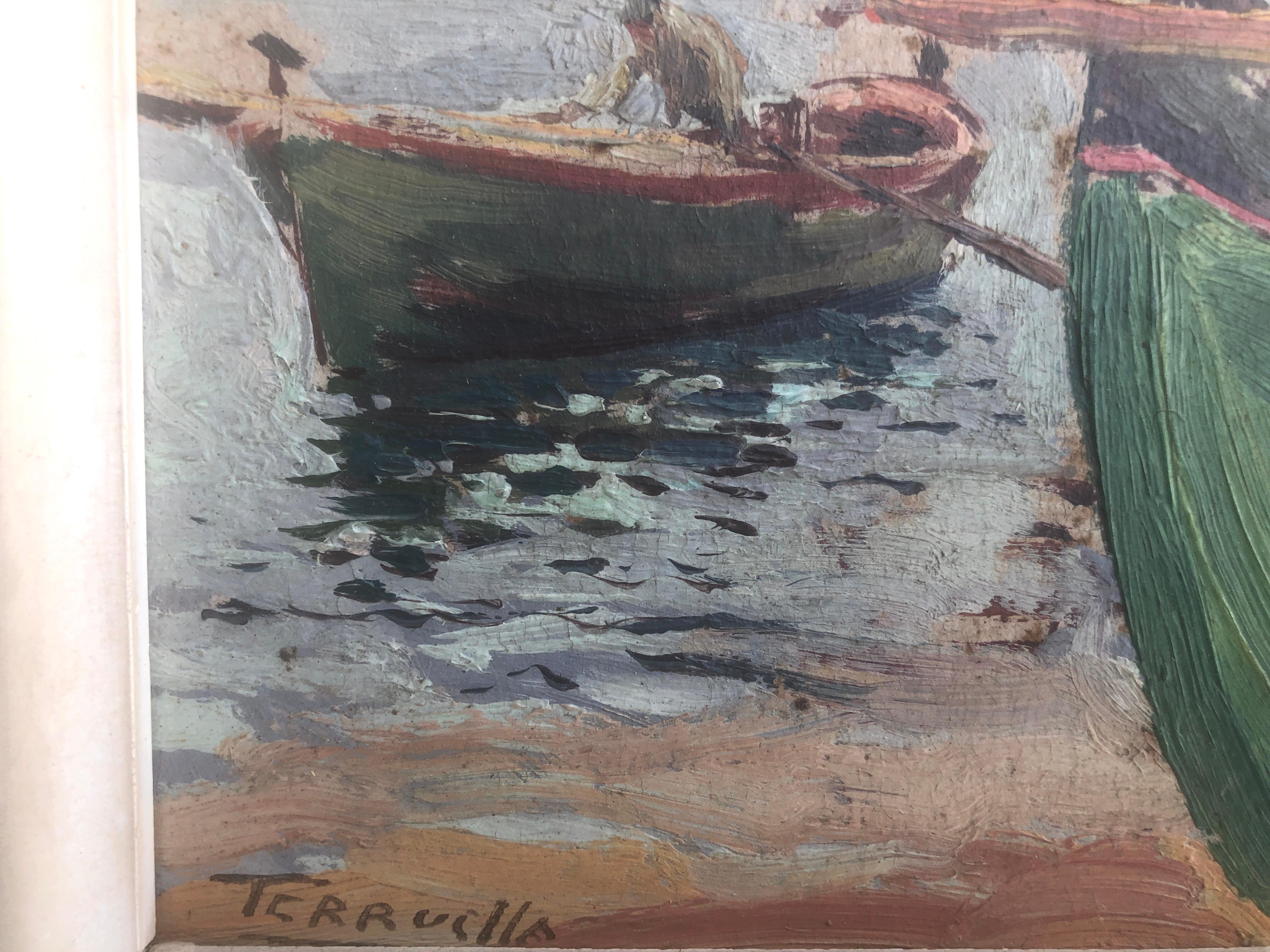 Boote am Strand, Öl auf Karton, Gemälde, Impressionismus, spanische Meereslandschaft, Öl im Angebot 1