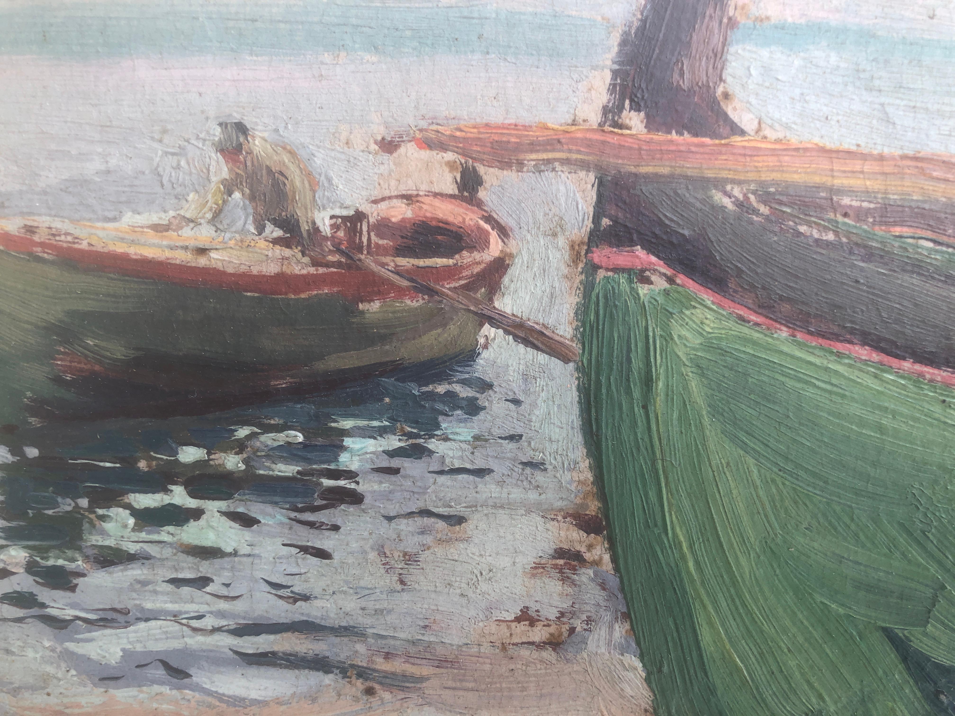 Bateaux sur la plage huile sur carton peinture impressionniste paysage marin espagnol en vente 1