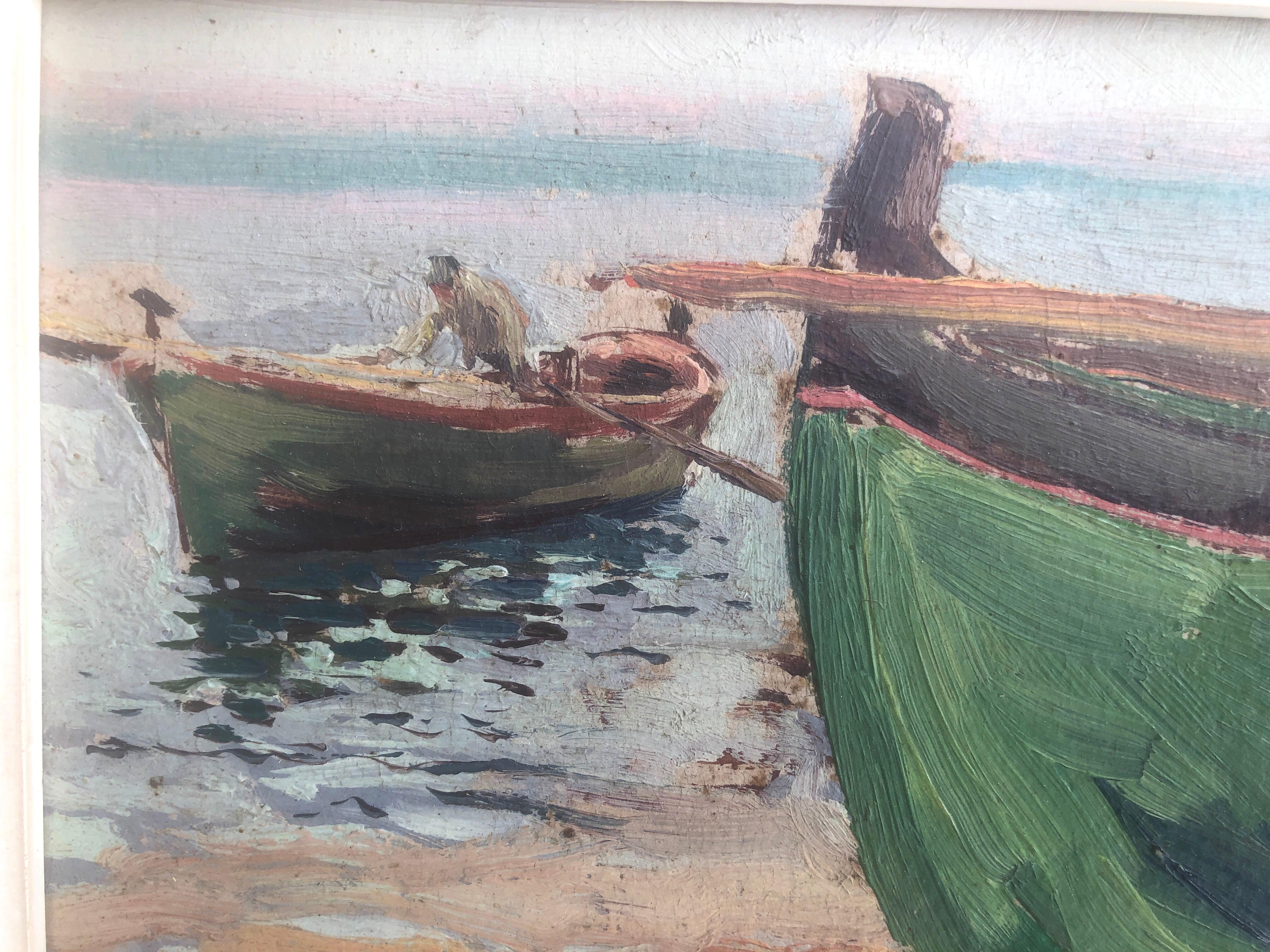 Bateaux sur la plage huile sur carton peinture impressionniste paysage marin espagnol en vente 3