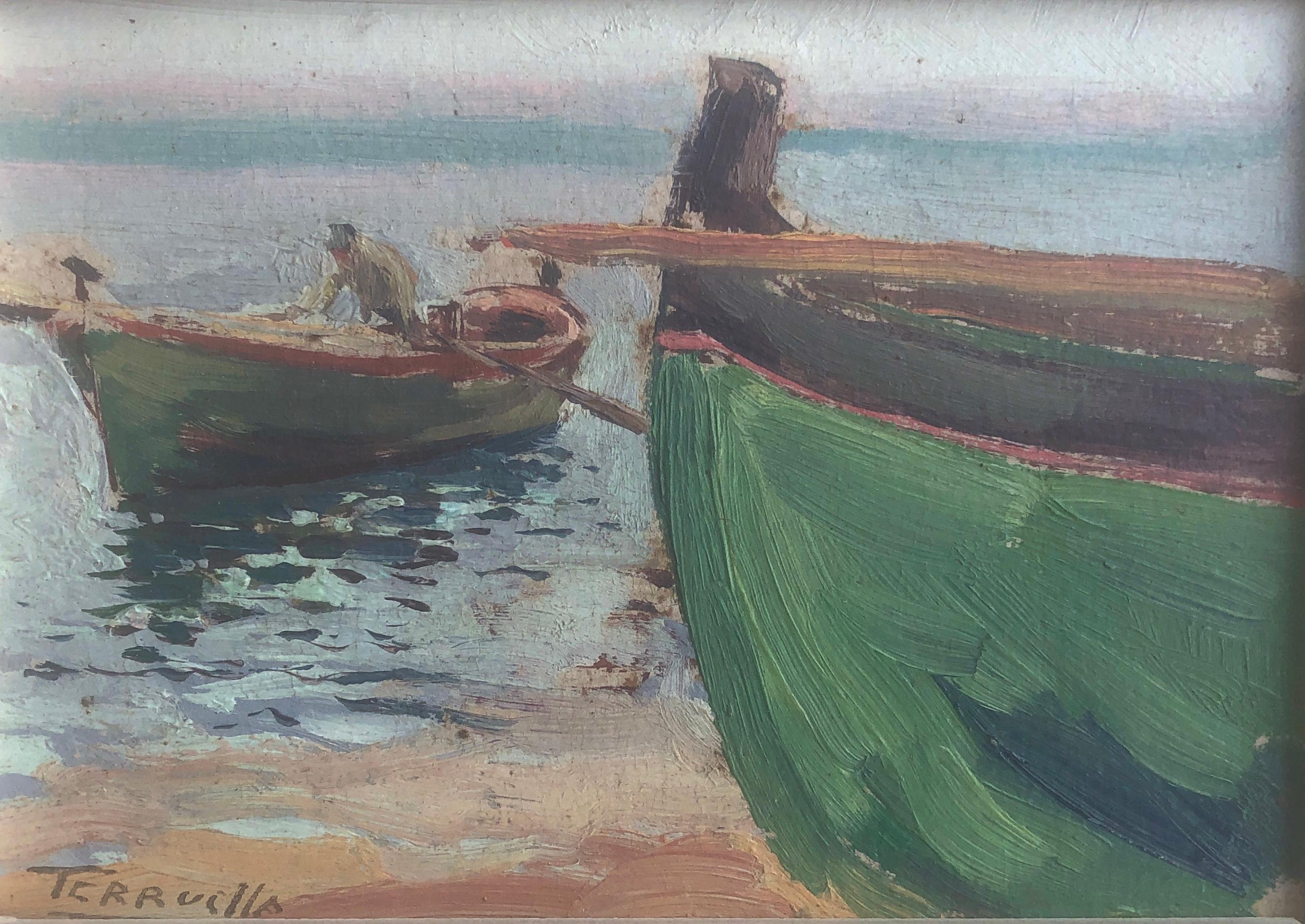 Joaquin Terruella Matilla Figurative Painting – Boote am Strand, Öl auf Karton, Gemälde, Impressionismus, spanische Meereslandschaft, Öl