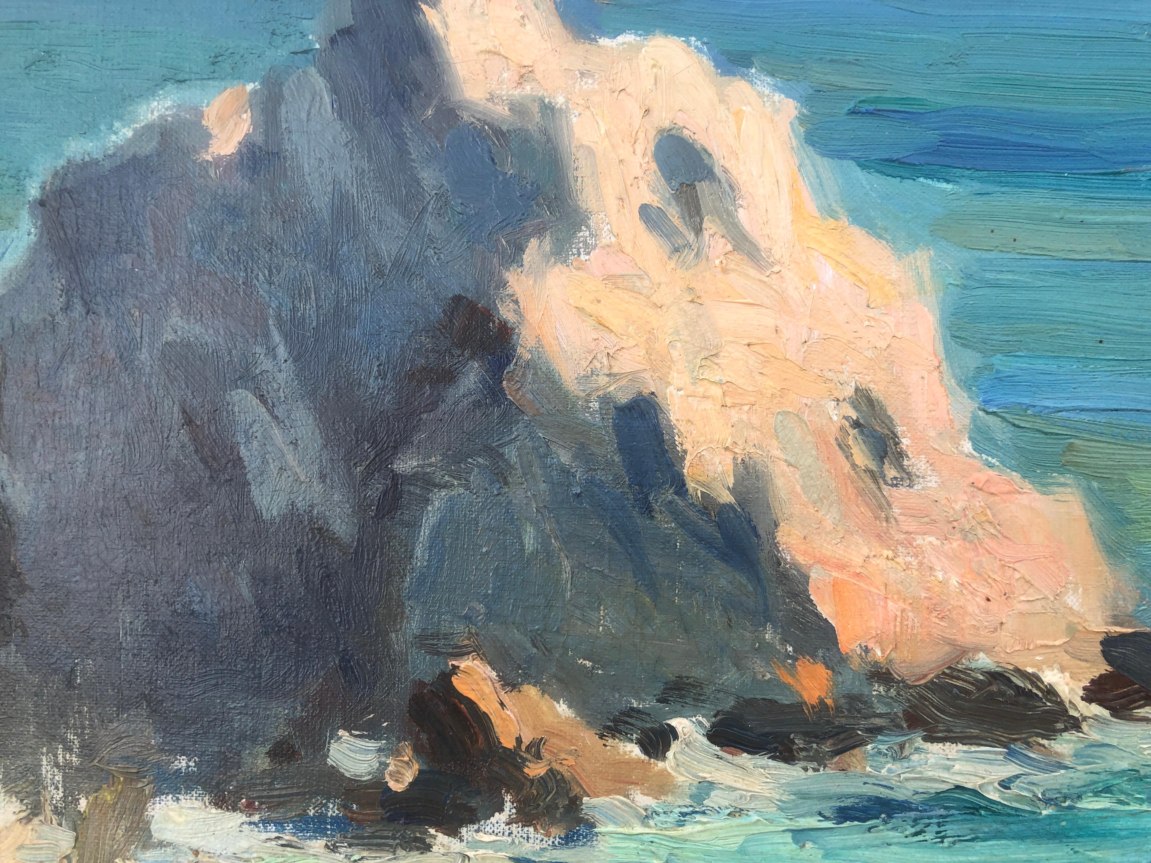 Costa Brava seascape oil on canvas painting impressionism Spain mediterranean - Gray Landscape Painting by Joaquin Terruella Matilla