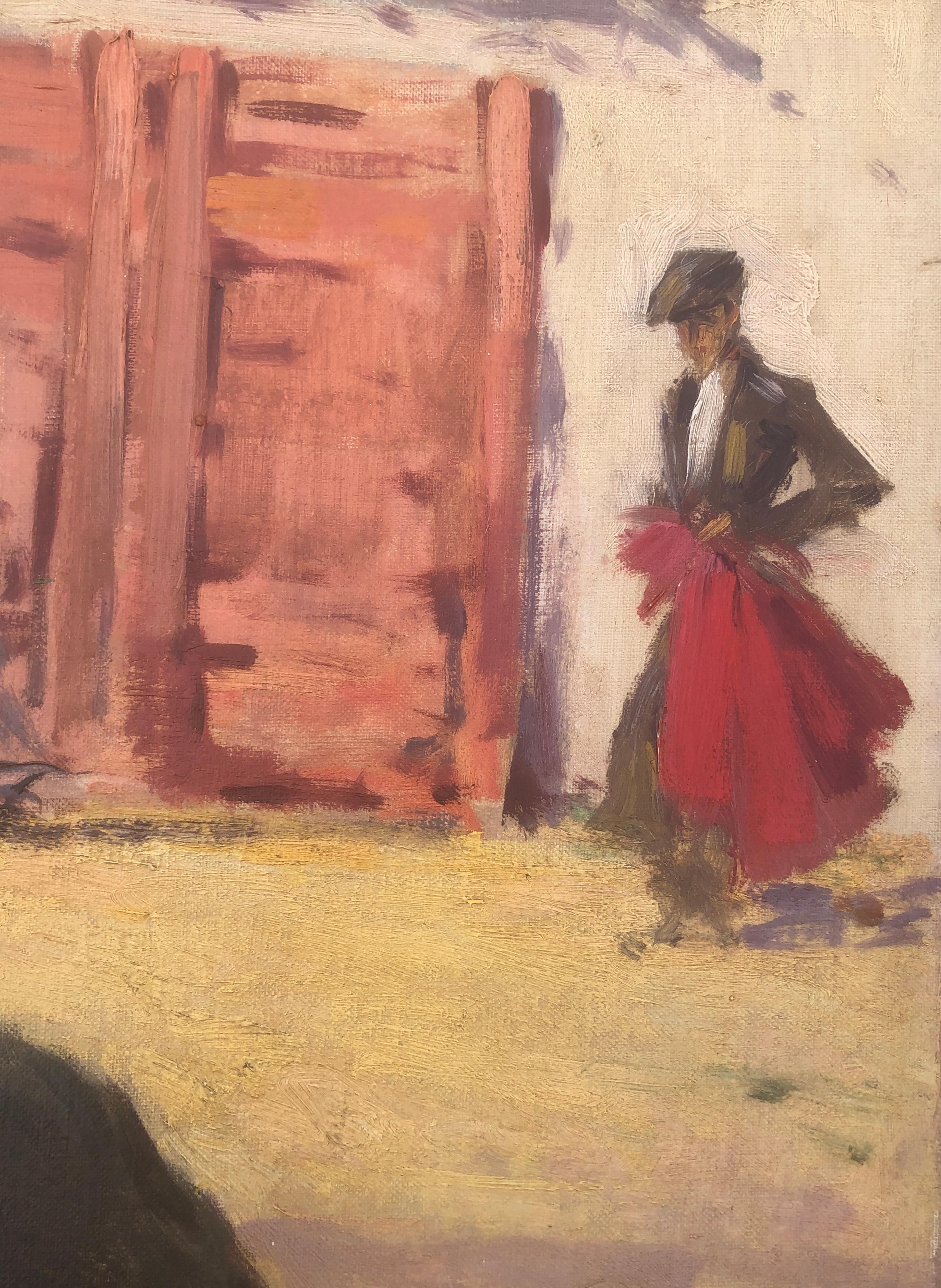 Joaquin Terruella bullfighting scene oil on canvas painting - Brown Figurative Painting by Joaquin Terruella Matilla