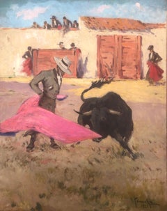 Antique Joaquin Terruella bullfighting scene oil on canvas painting