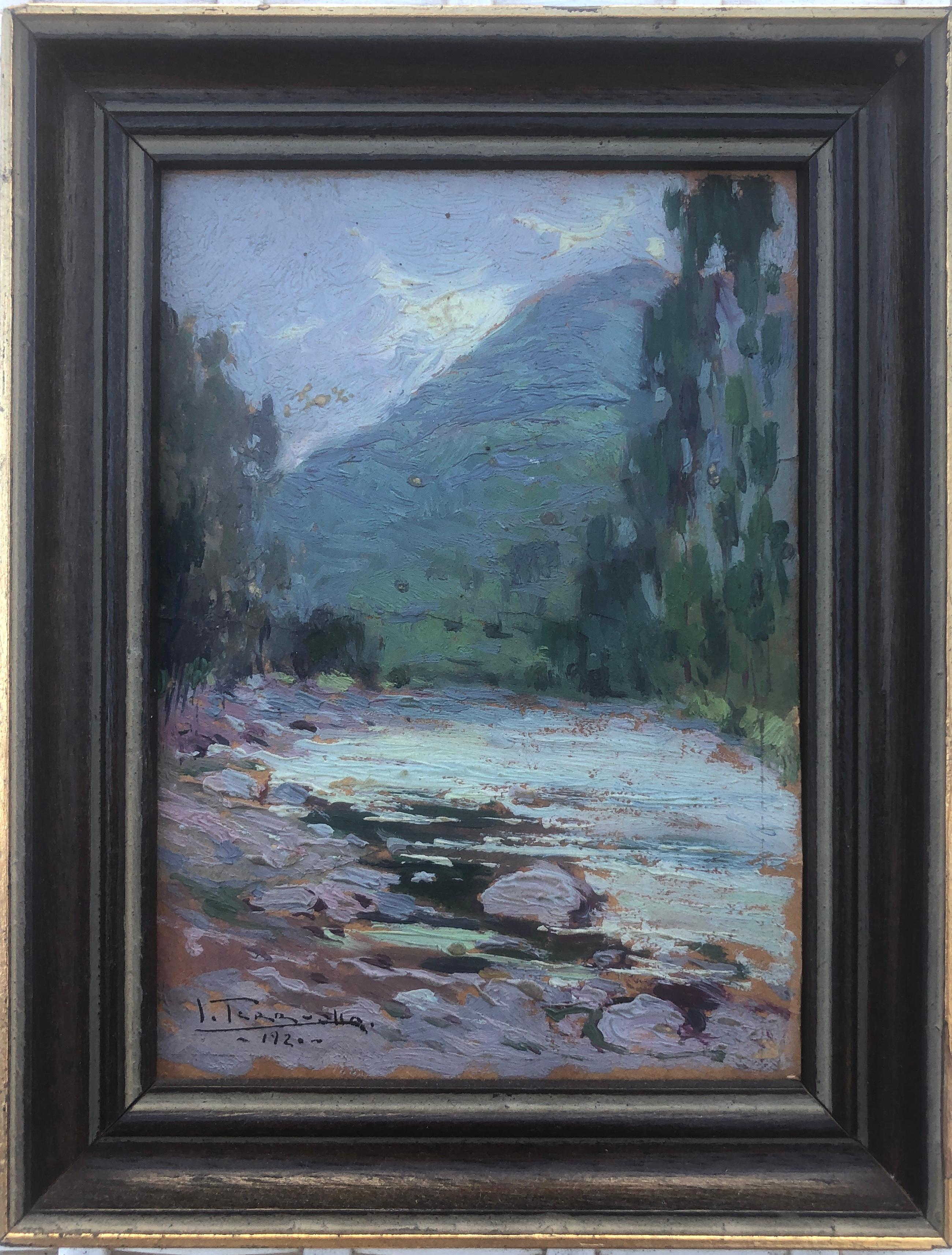 Landscape with river oil on cardboard painting impressionism Spain - Painting by Joaquin Terruella Matilla