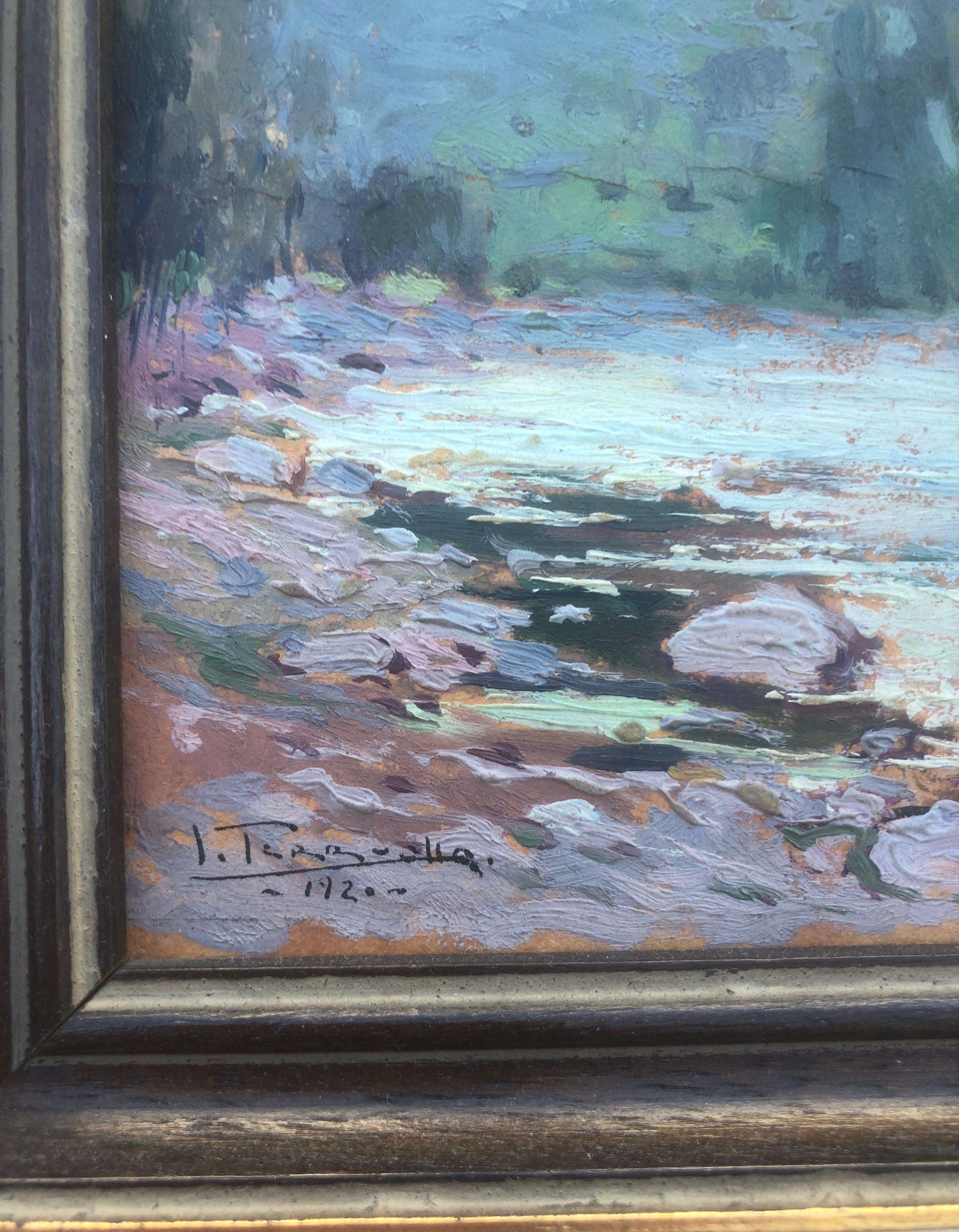 Landscape with river oil on cardboard painting impressionism Spain - Impressionist Painting by Joaquin Terruella Matilla