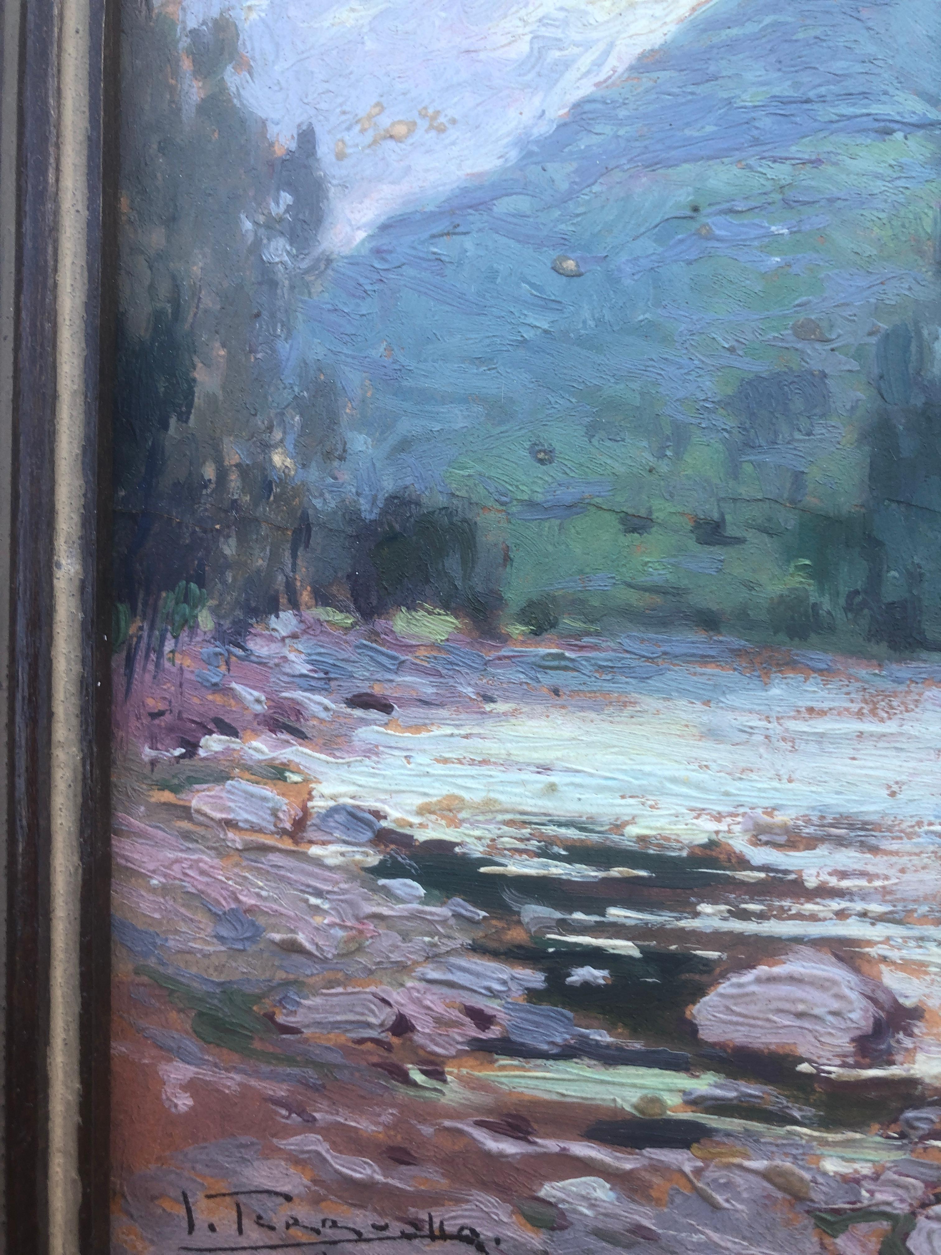 Landscape with river oil on cardboard painting impressionism Spain For Sale 3