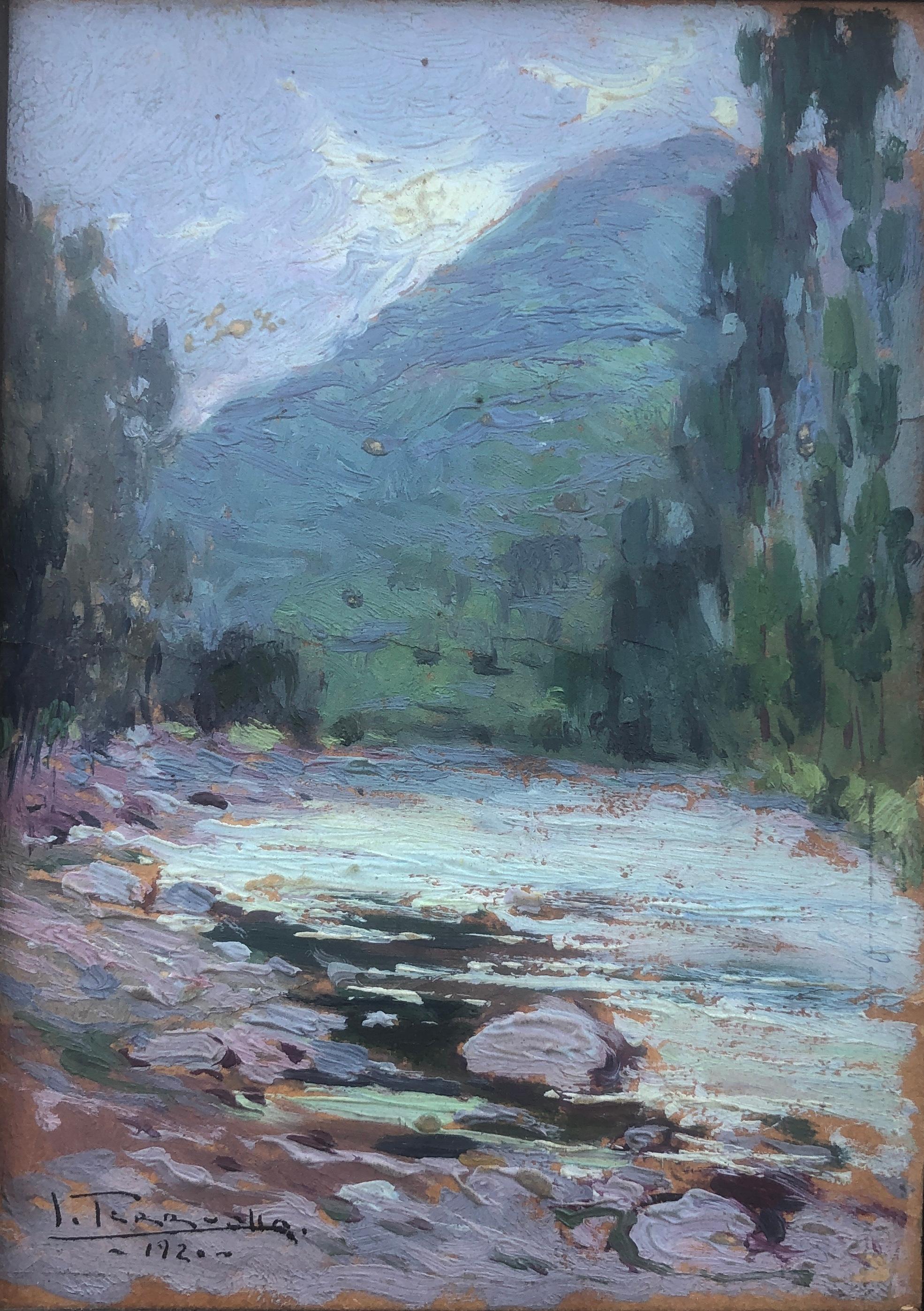 Joaquin Terruella Matilla Landscape Painting - Landscape with river oil on cardboard painting impressionism Spain