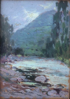 Landscape with river oil on cardboard painting impressionism Spain