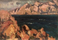 Antique Mallorca oil on cardboard painting impressionism spanish seascape