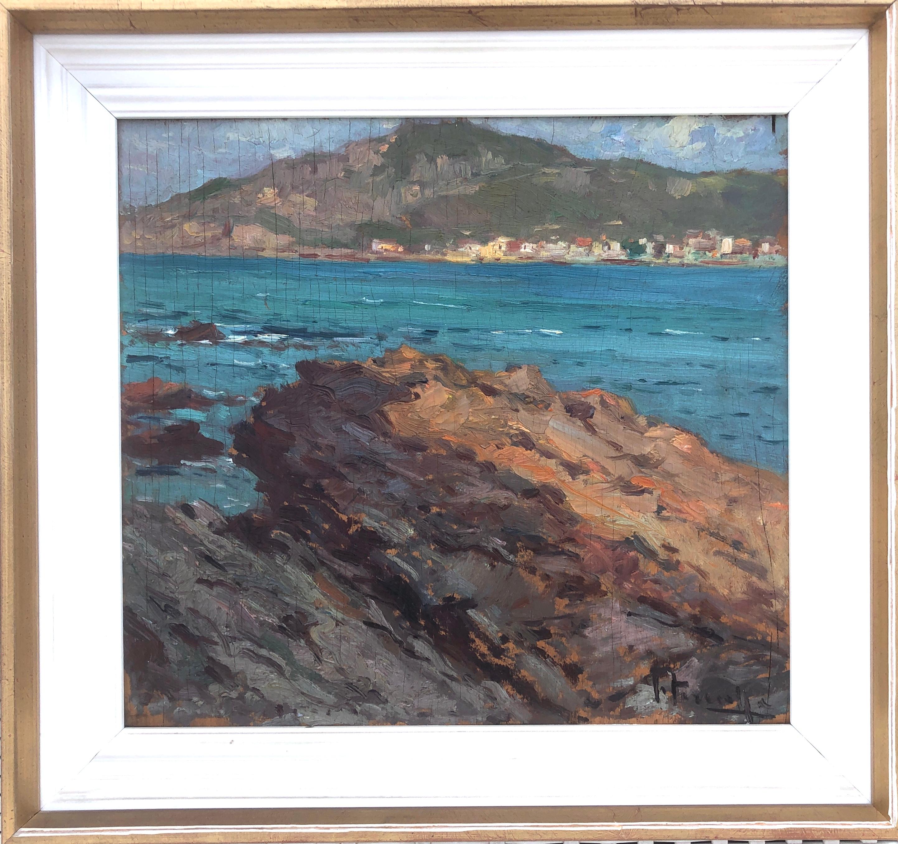 Spanish seascape oil on board painting impressionism Spain mediterranean - Painting by Joaquin Terruella Matilla