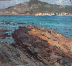 Vintage Spanish seascape oil on board painting impressionism Spain mediterranean