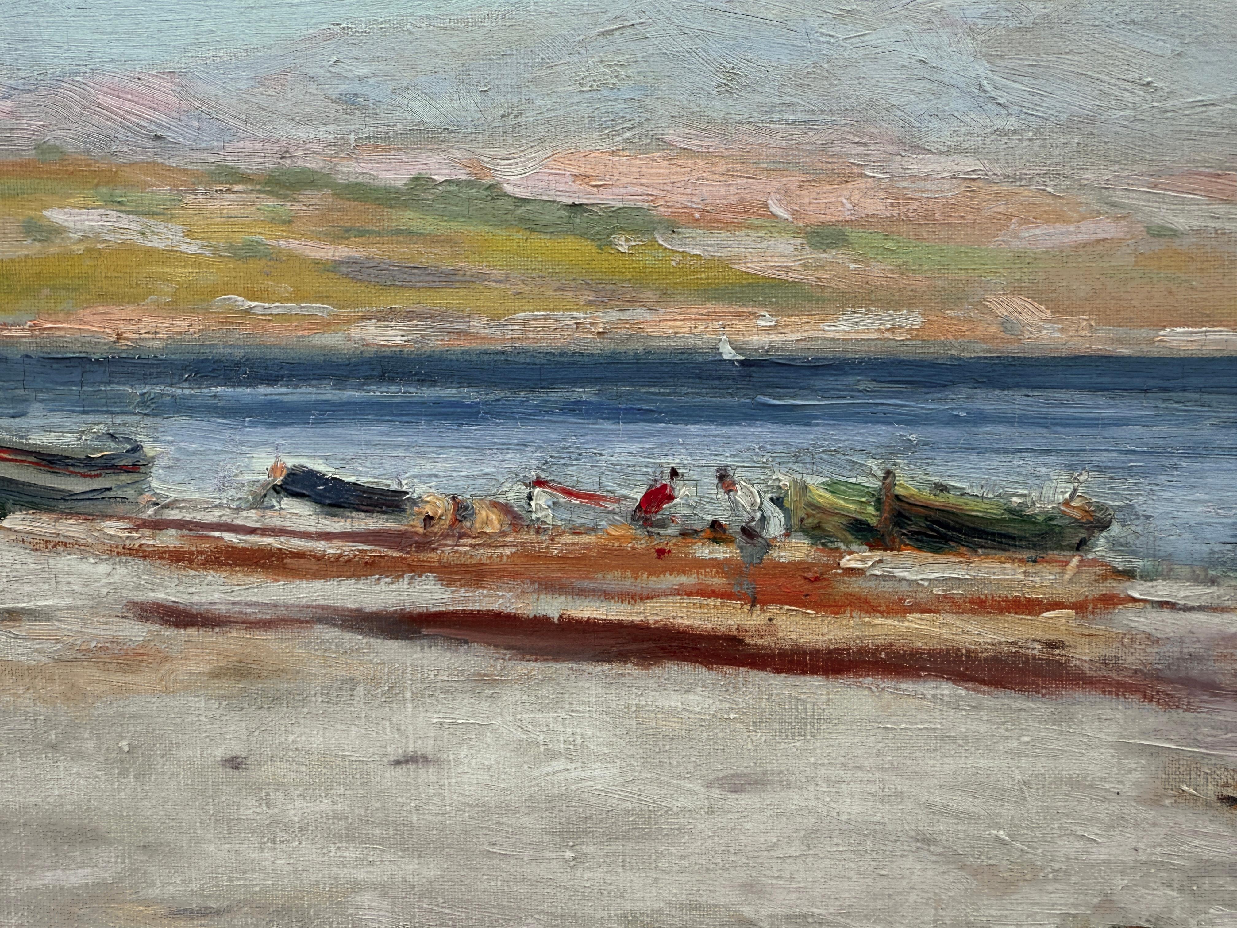 Sol y Pesca en la Costa Brava España óleo sobre lienzo paisaje marino mediterráneo - Figurative Painting Azul de Joaquin Terruella Matilla