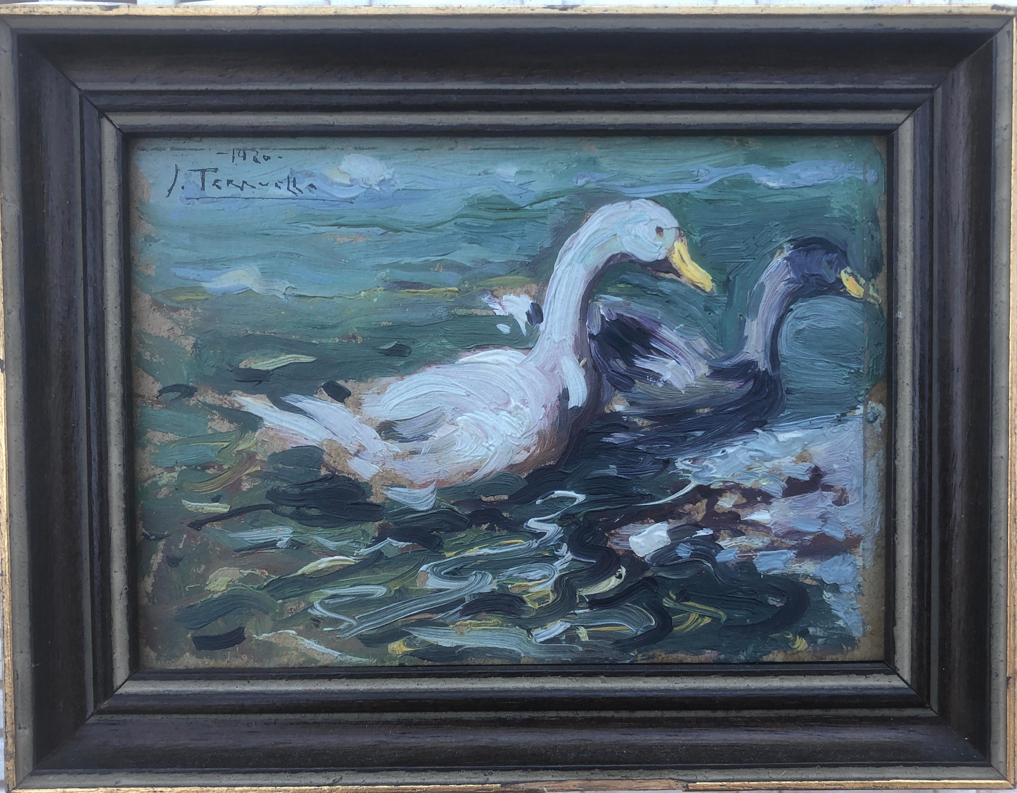 Swans oil on cardboard painting impressionism Spain - Painting by Joaquin Terruella Matilla